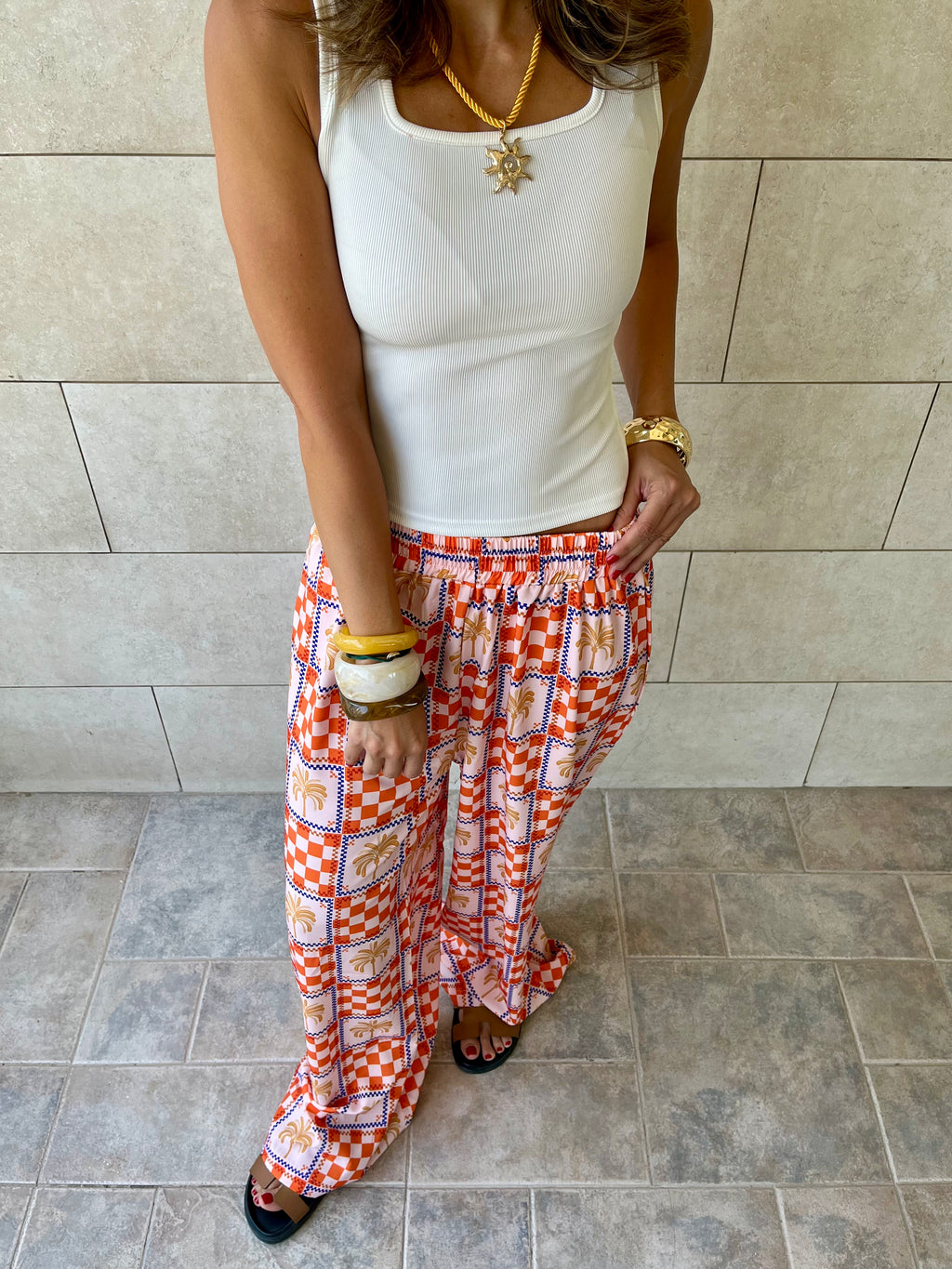 Checkered Palms Printed Pants