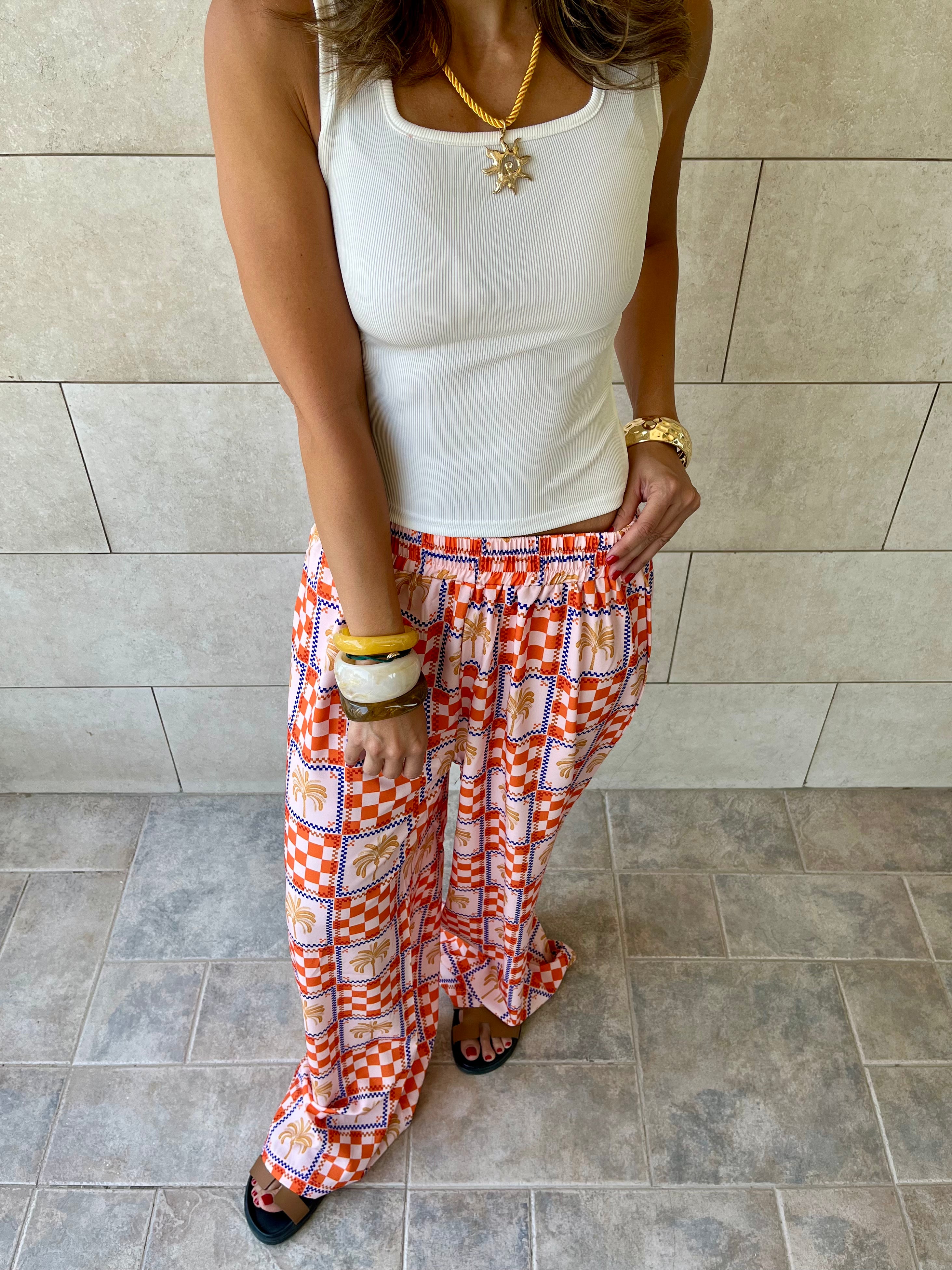 Checkered Palms Printed Pants