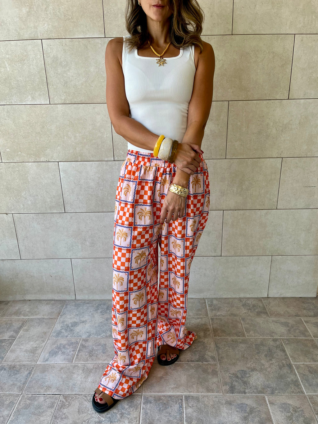 Checkered Palms Printed Pants