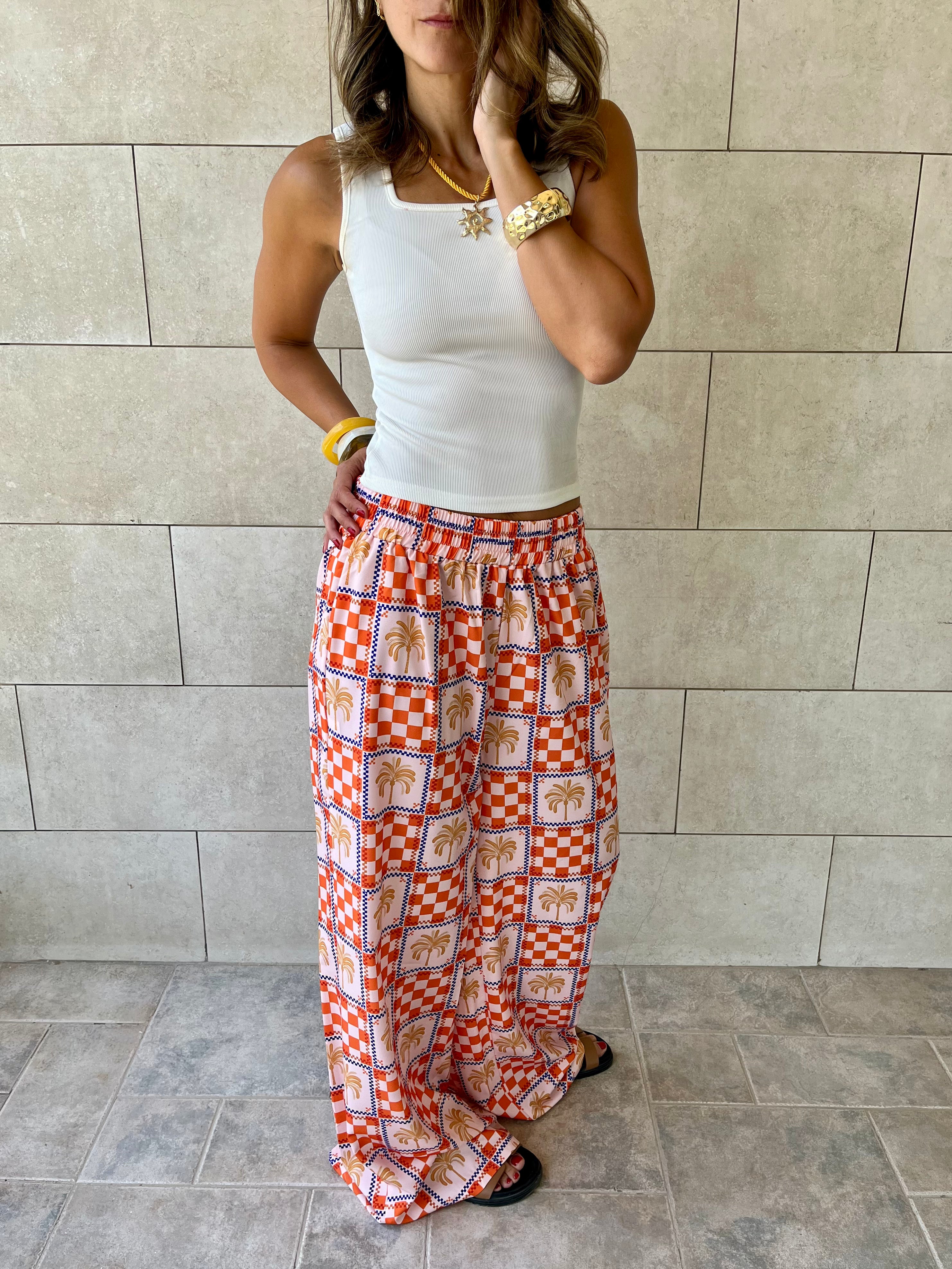 Checkered Palms Printed Pants