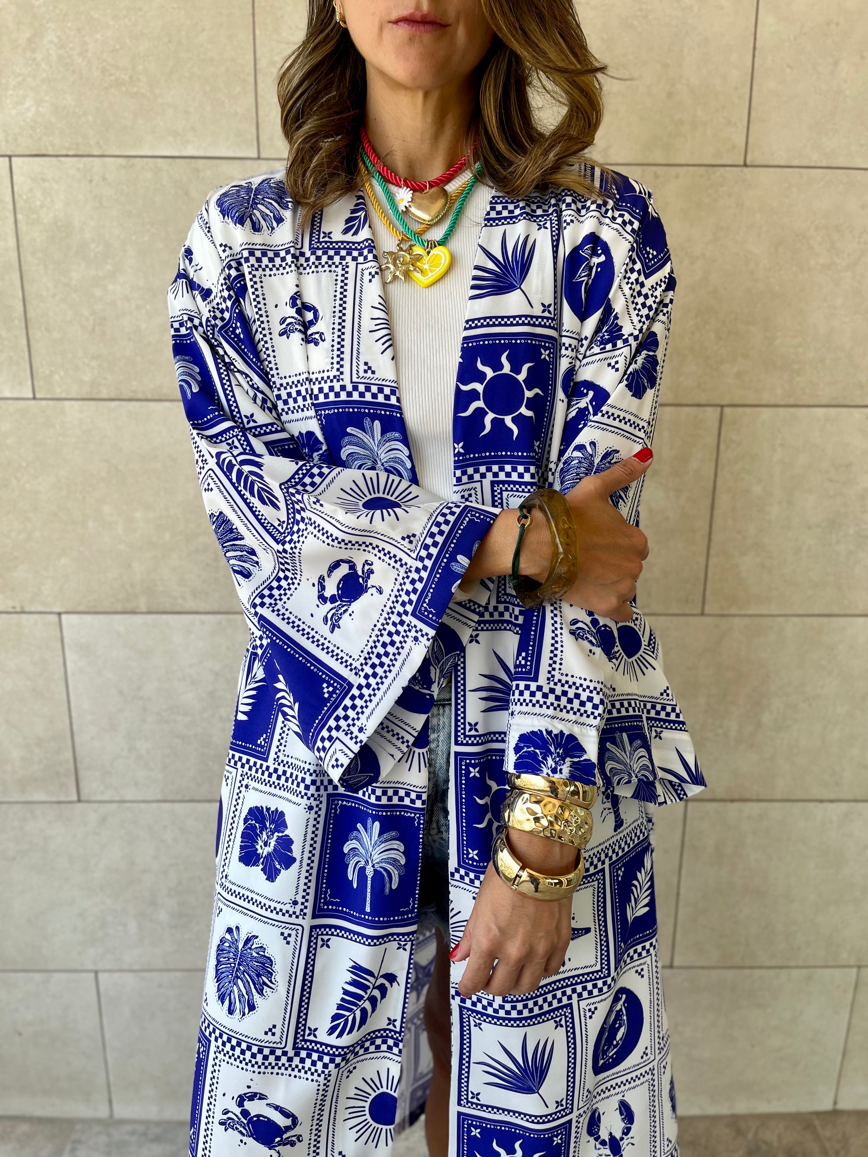 Blues Printed Rope Kimono