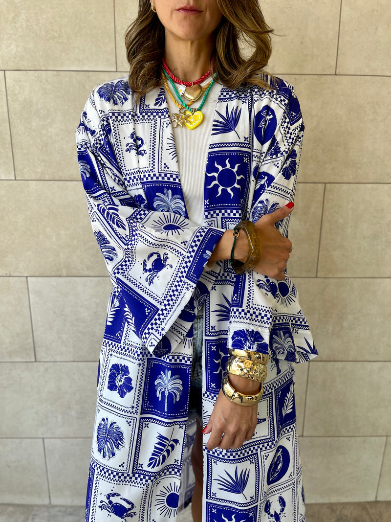 Blues Printed Rope Kimono