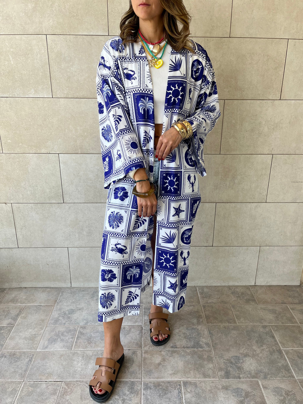 Blues Printed Rope Kimono