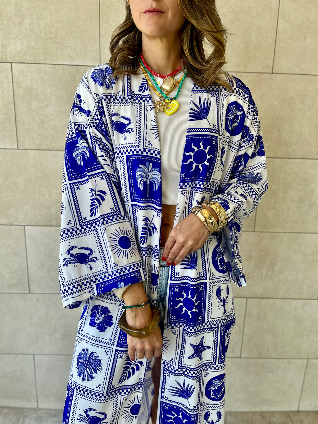 Blues Printed Rope Kimono