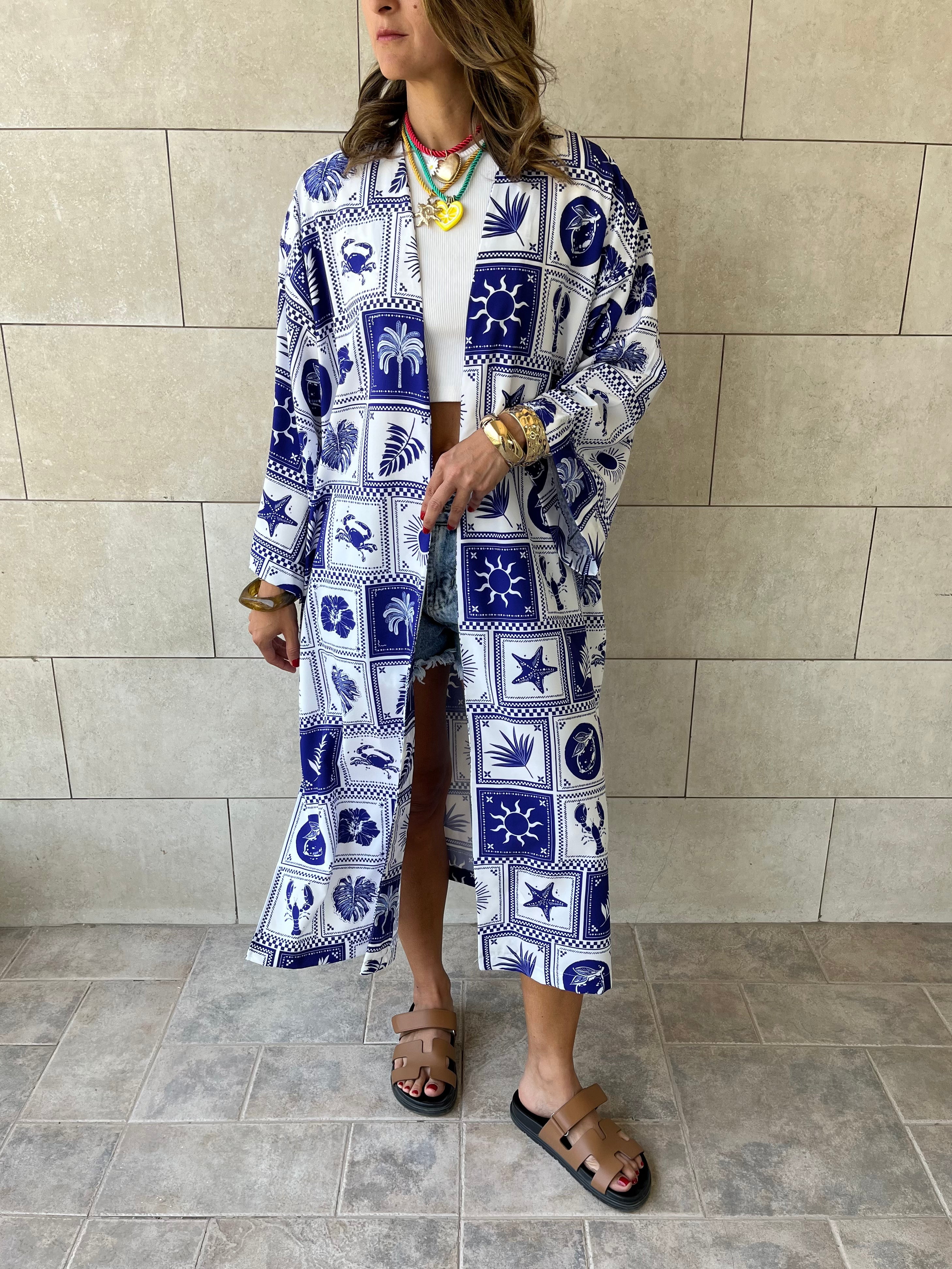 Blues Printed Rope Kimono