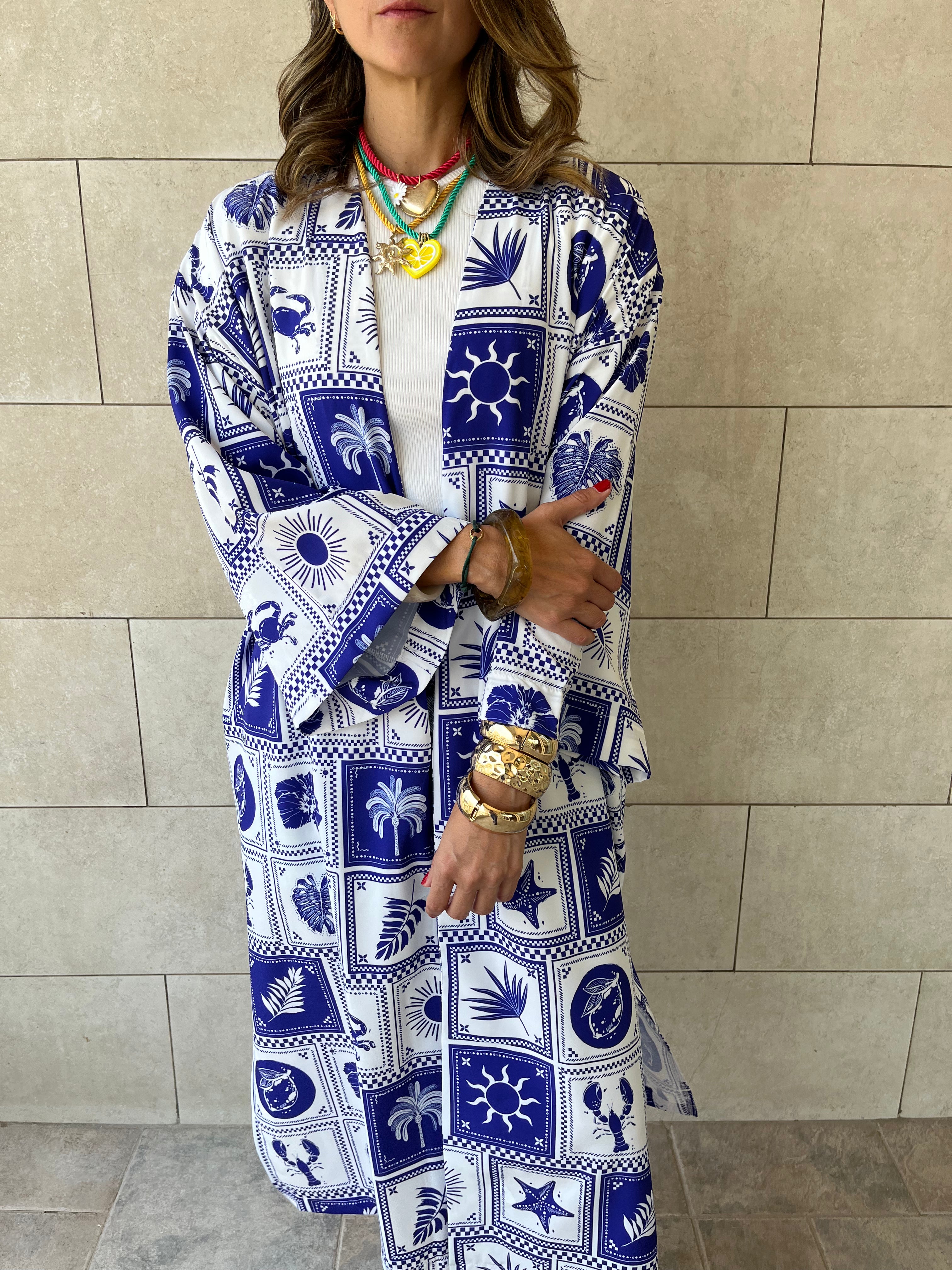 Blues Printed Rope Kimono