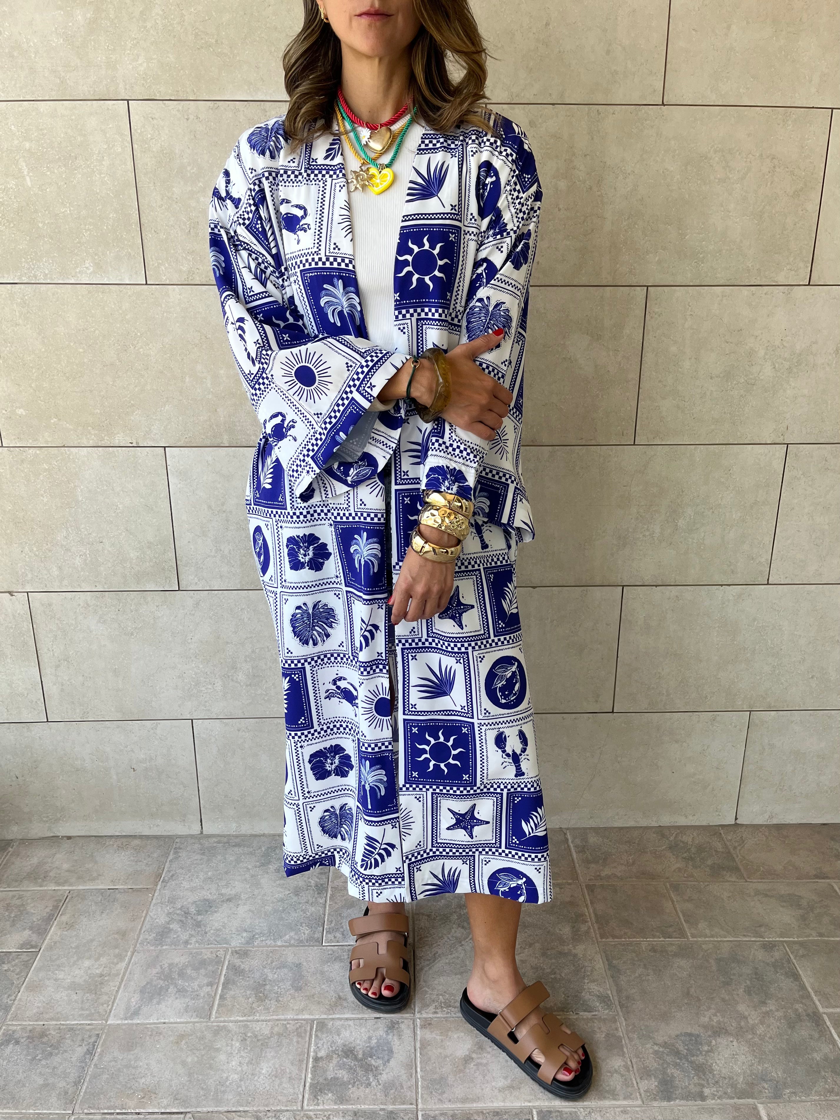 Blues Printed Rope Kimono