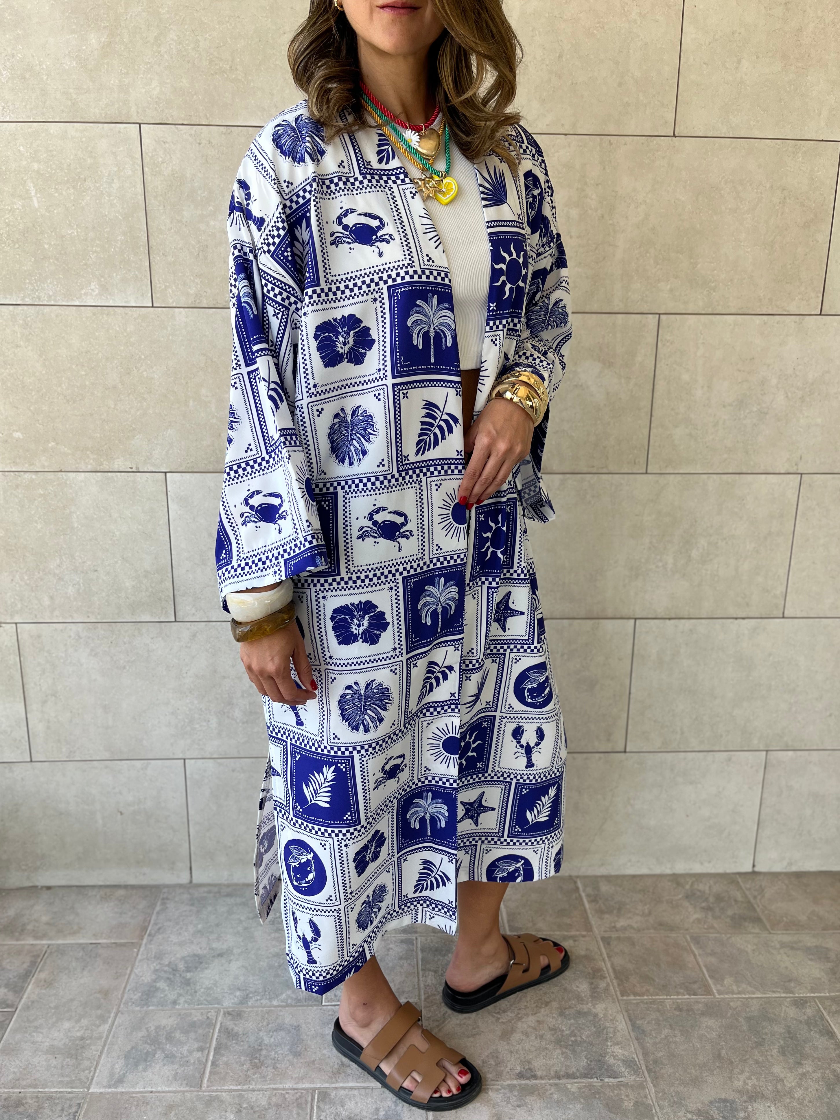 Blues Printed Rope Kimono