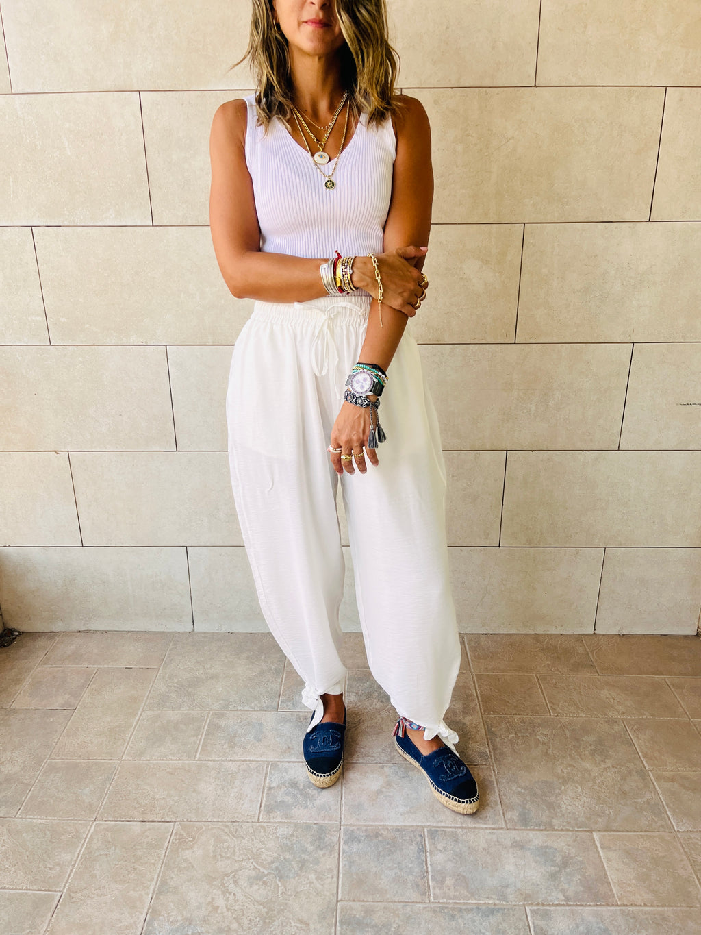 White Pulling My Leg Pants