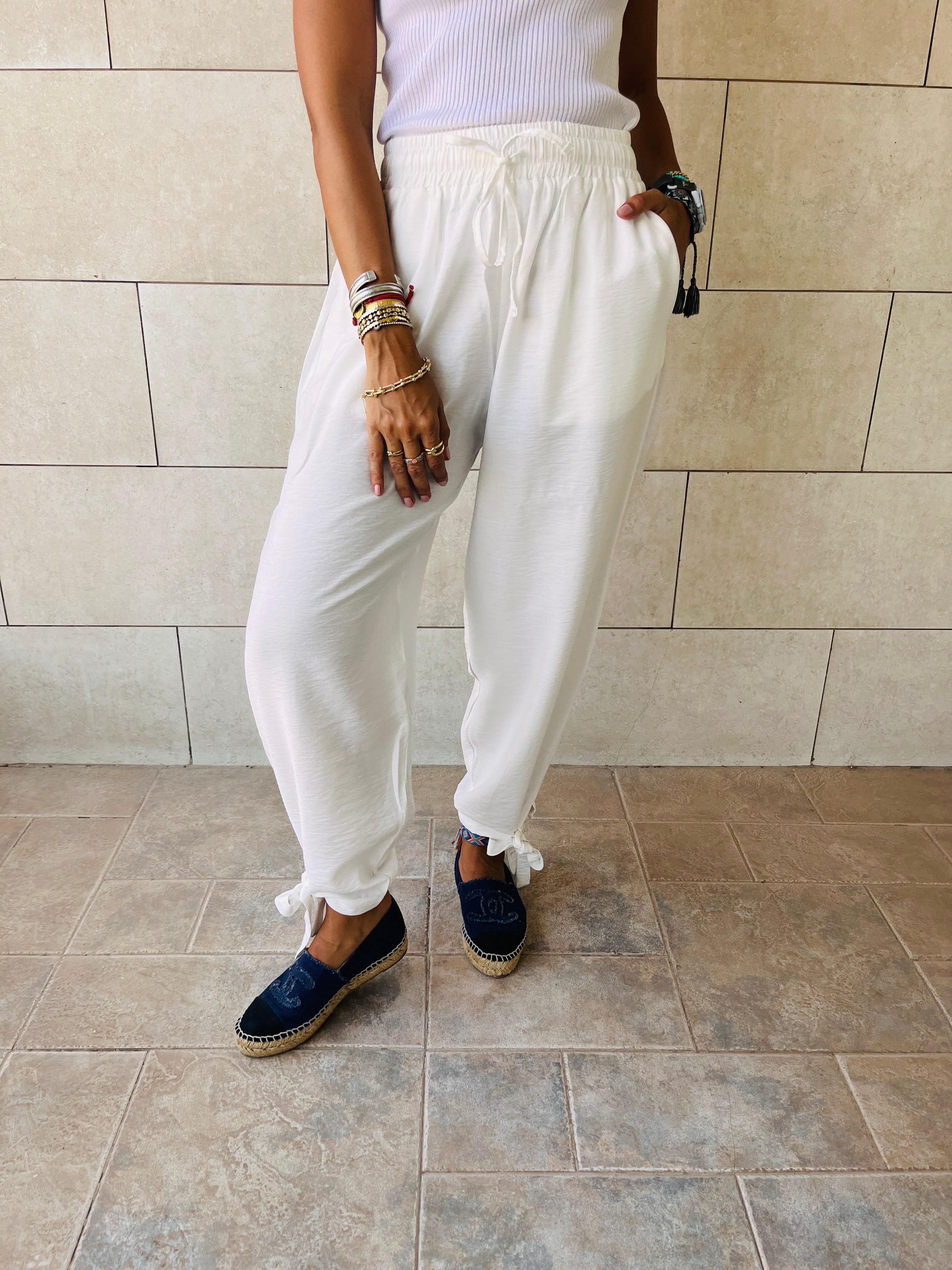 White Pulling My Leg Pants