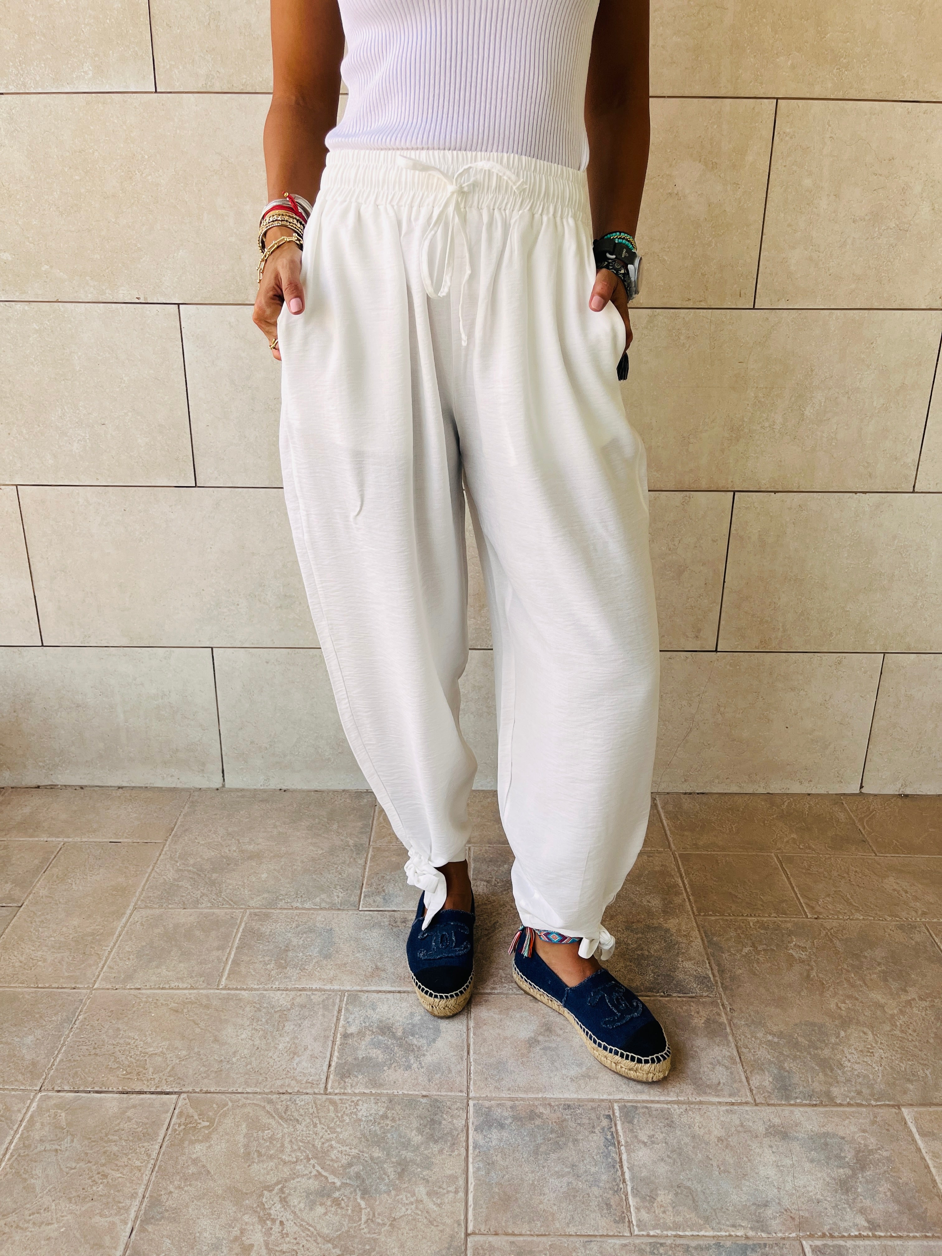 White Pulling My Leg Pants