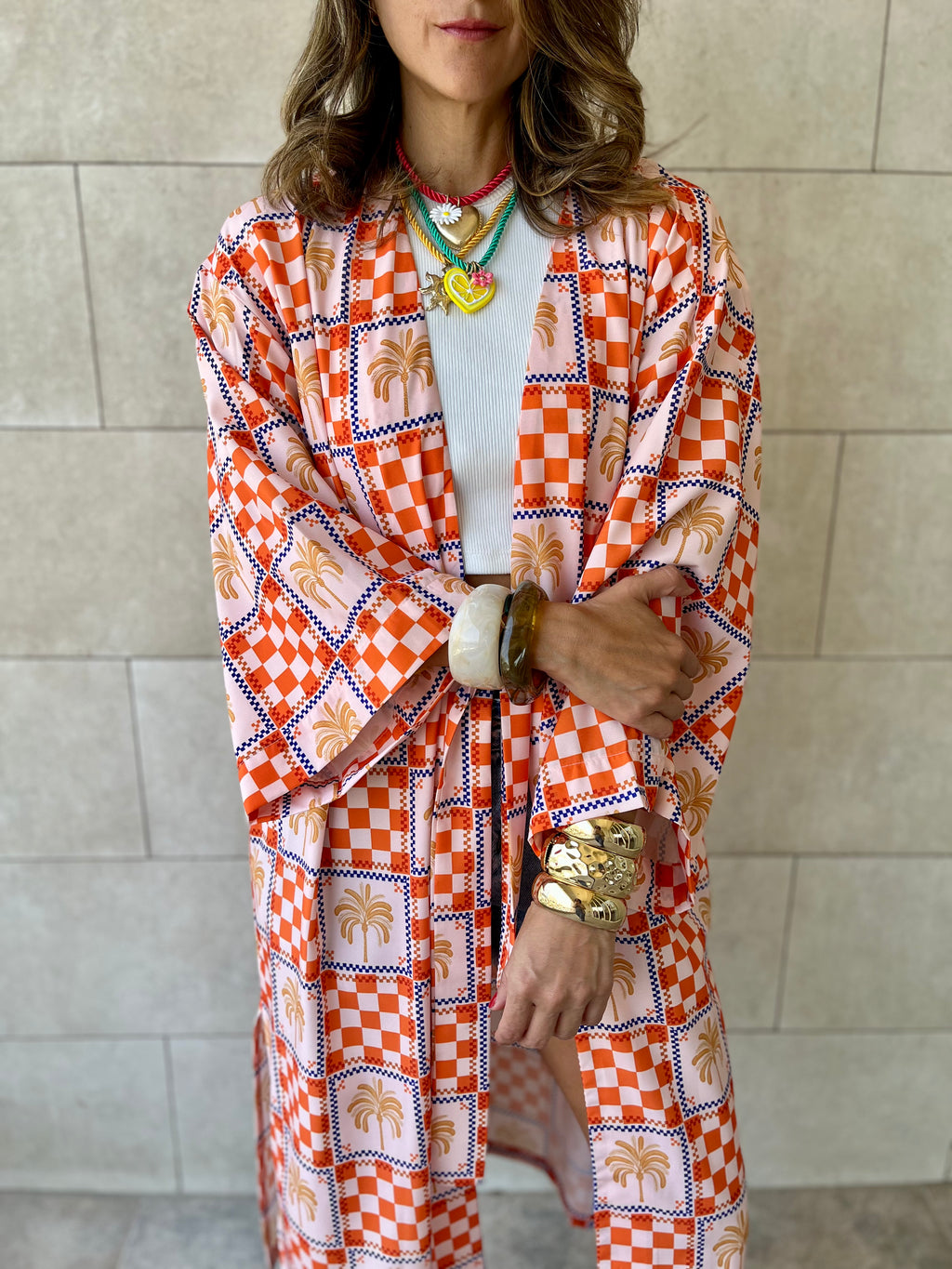 Checkered Palms Printed Kimono