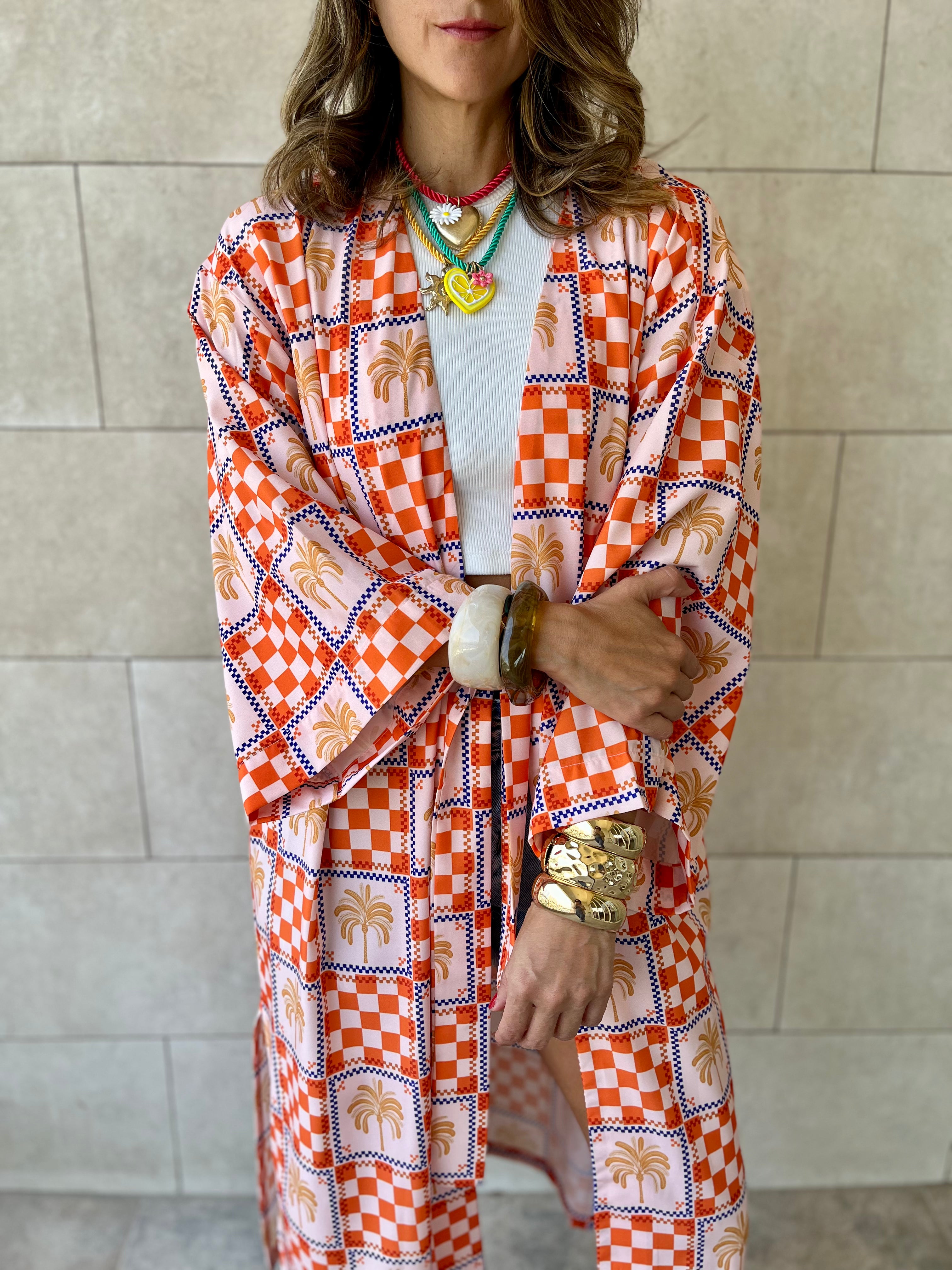 Checkered Palms Printed Kimono