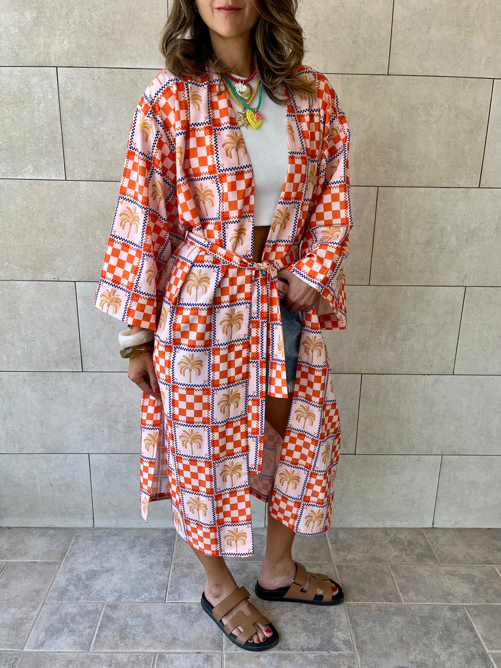 Checkered Palms Printed Kimono