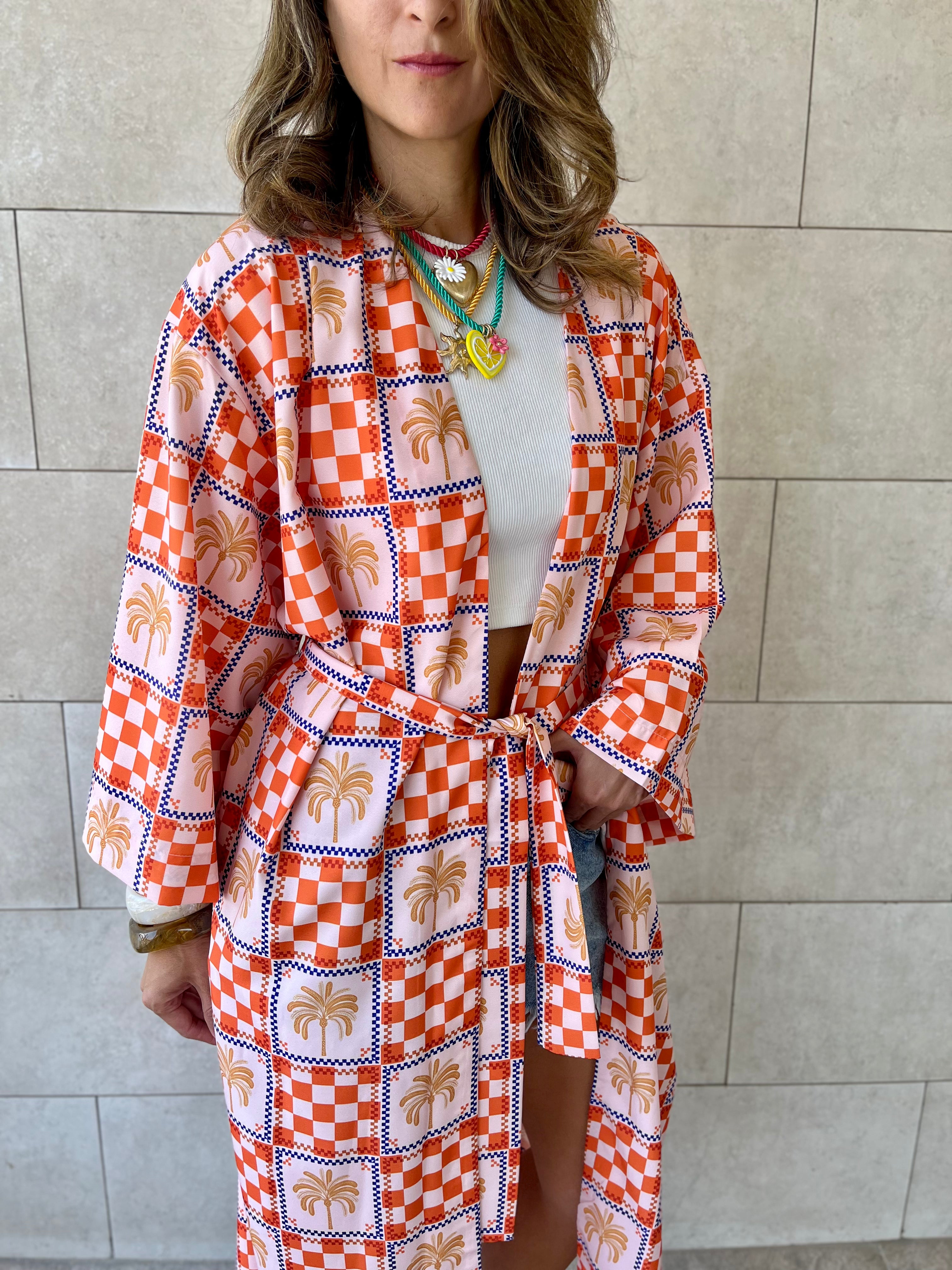 Checkered Palms Printed Kimono