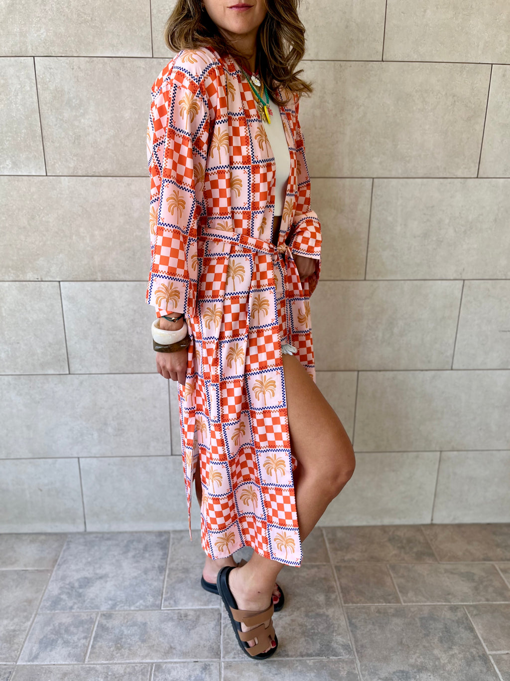 Checkered Palms Printed Kimono