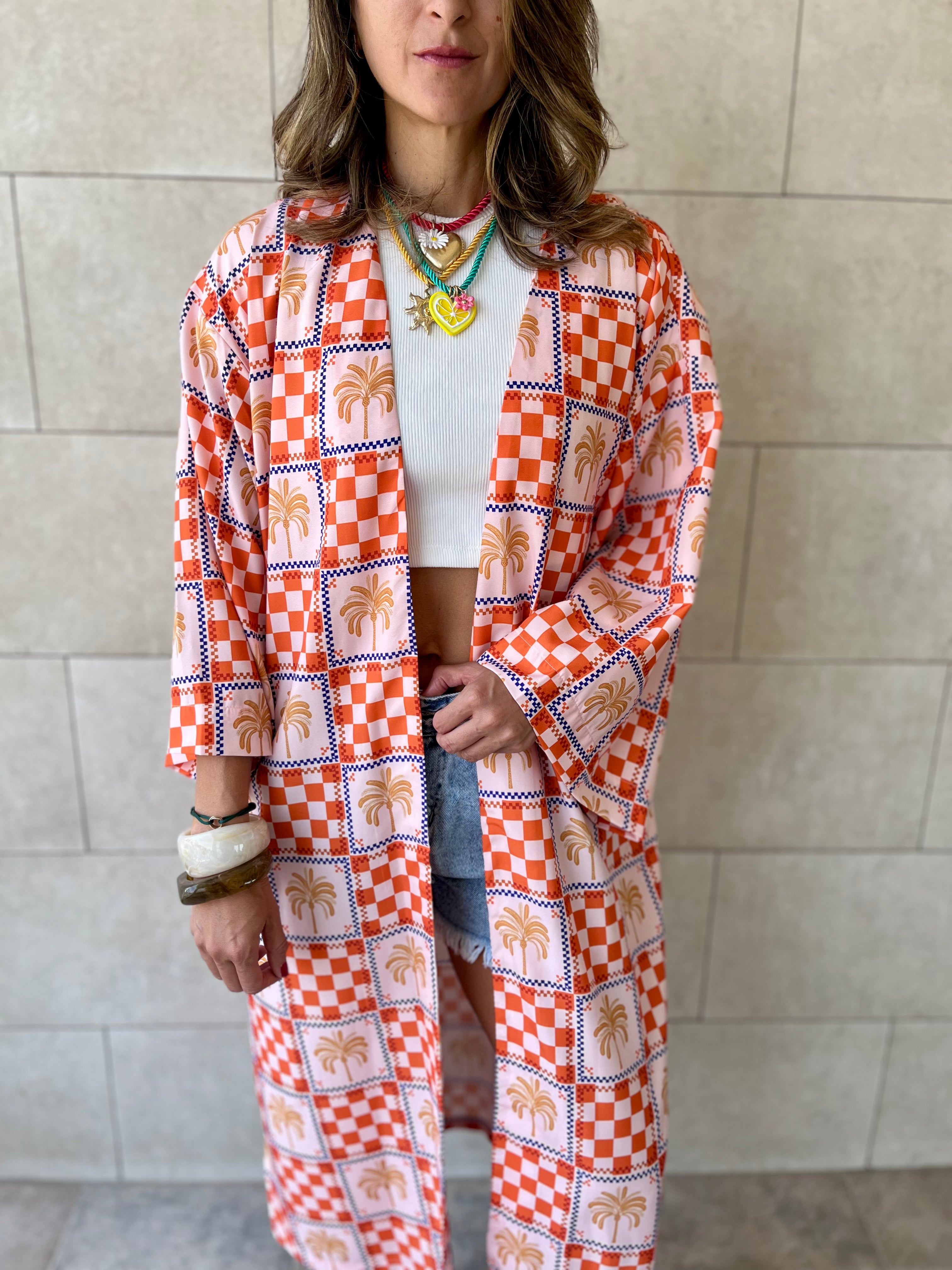 Checkered Palms Printed Kimono