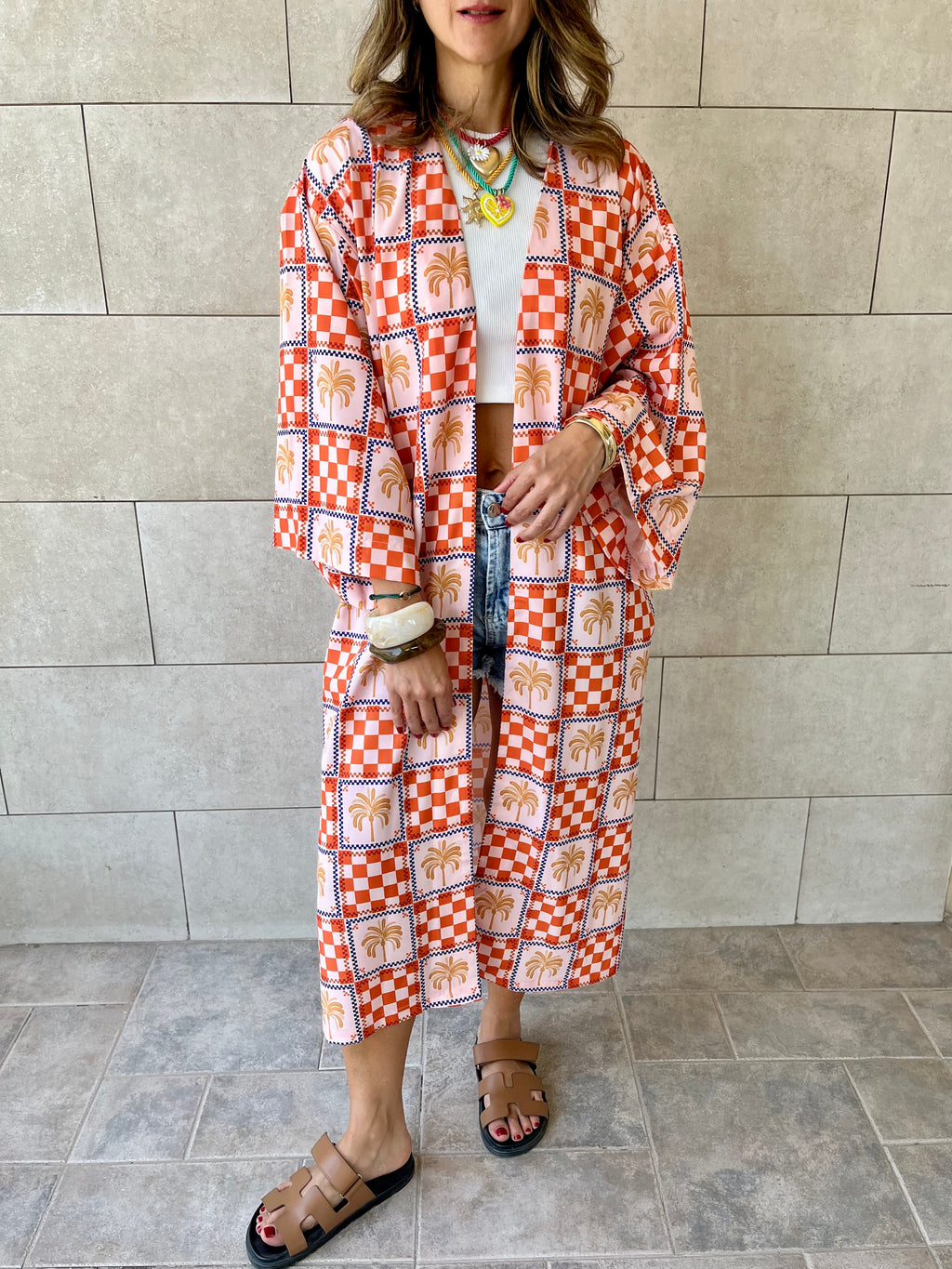 Checkered Palms Printed Kimono