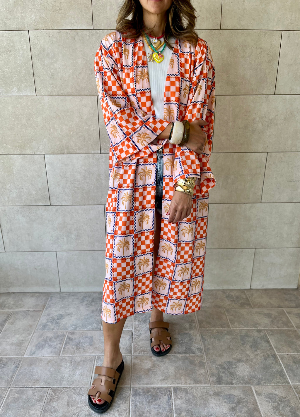 Checkered Palms Printed Kimono