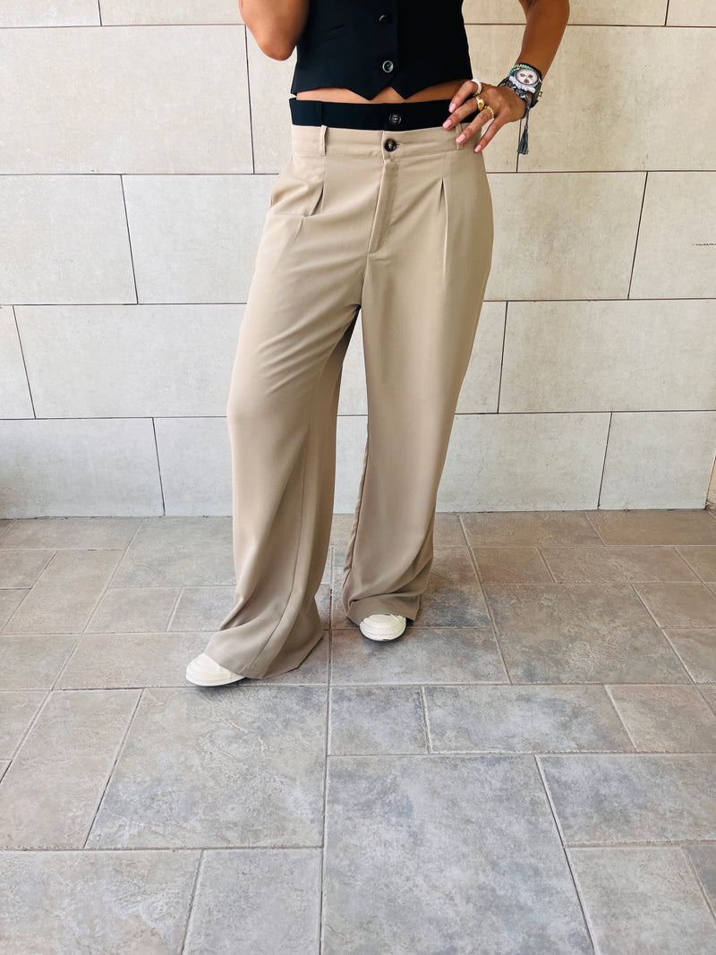 Beige Double Waist Band Pants