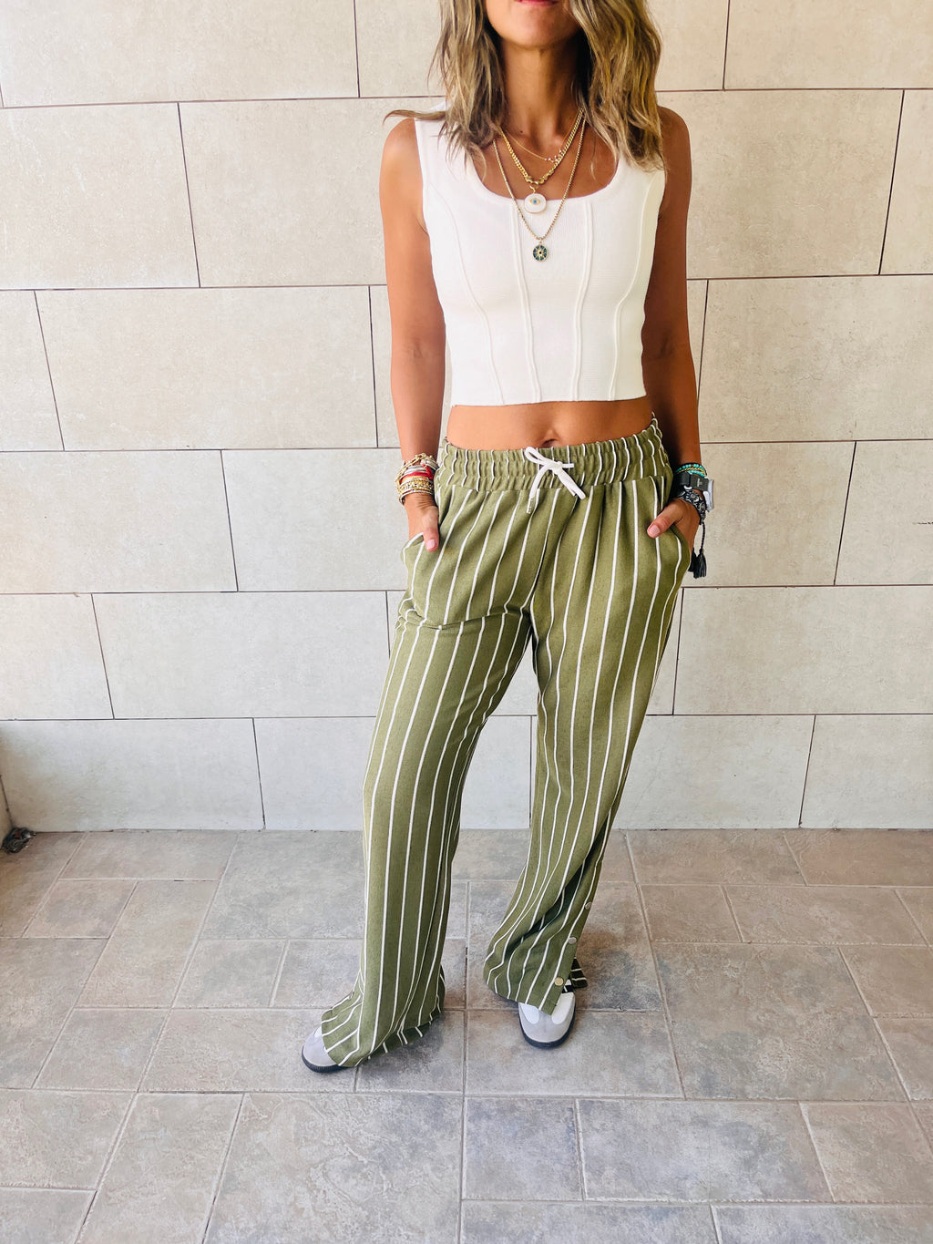Olive Striped Slit Pants