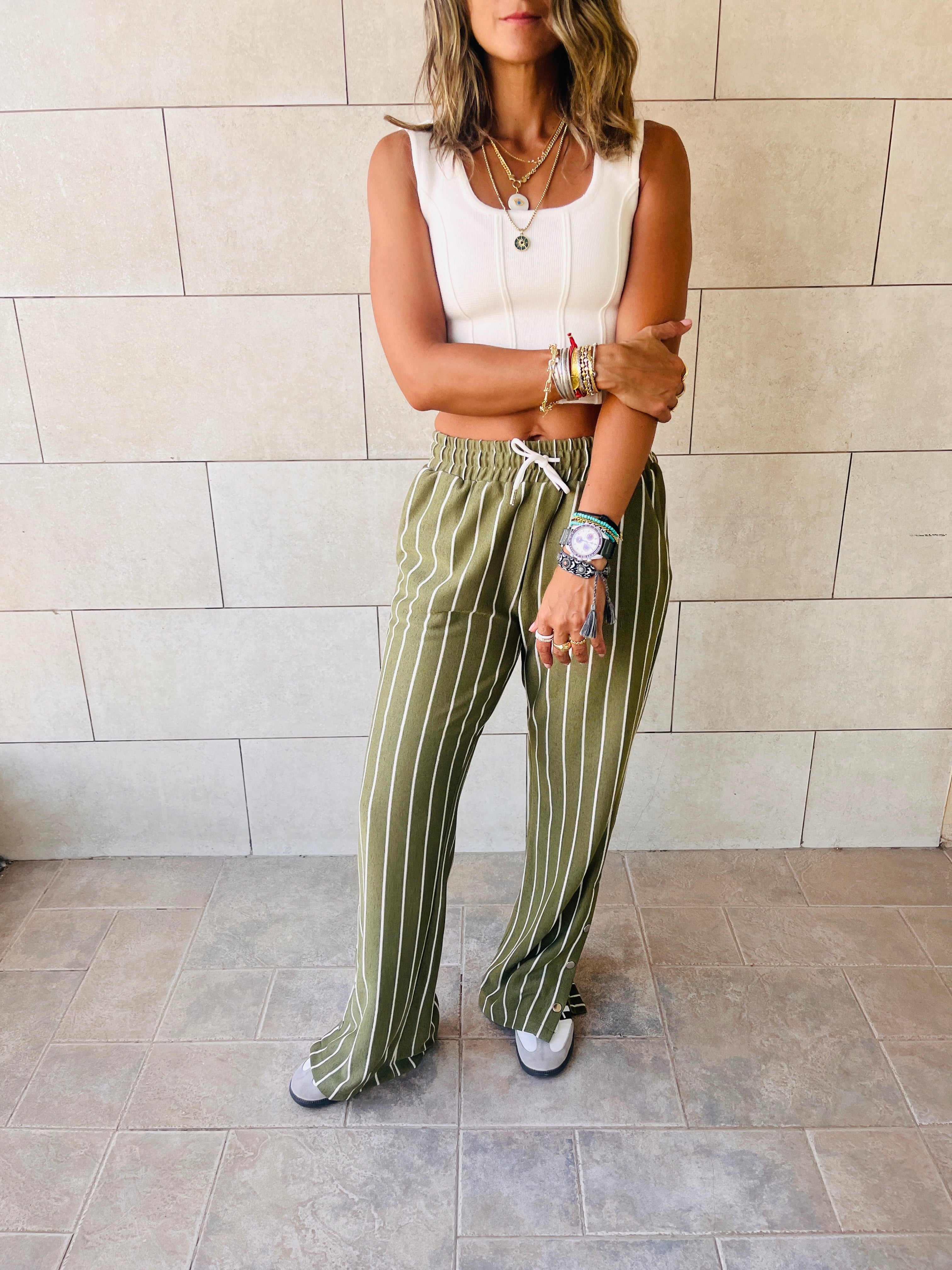 Olive Striped Slit Pants