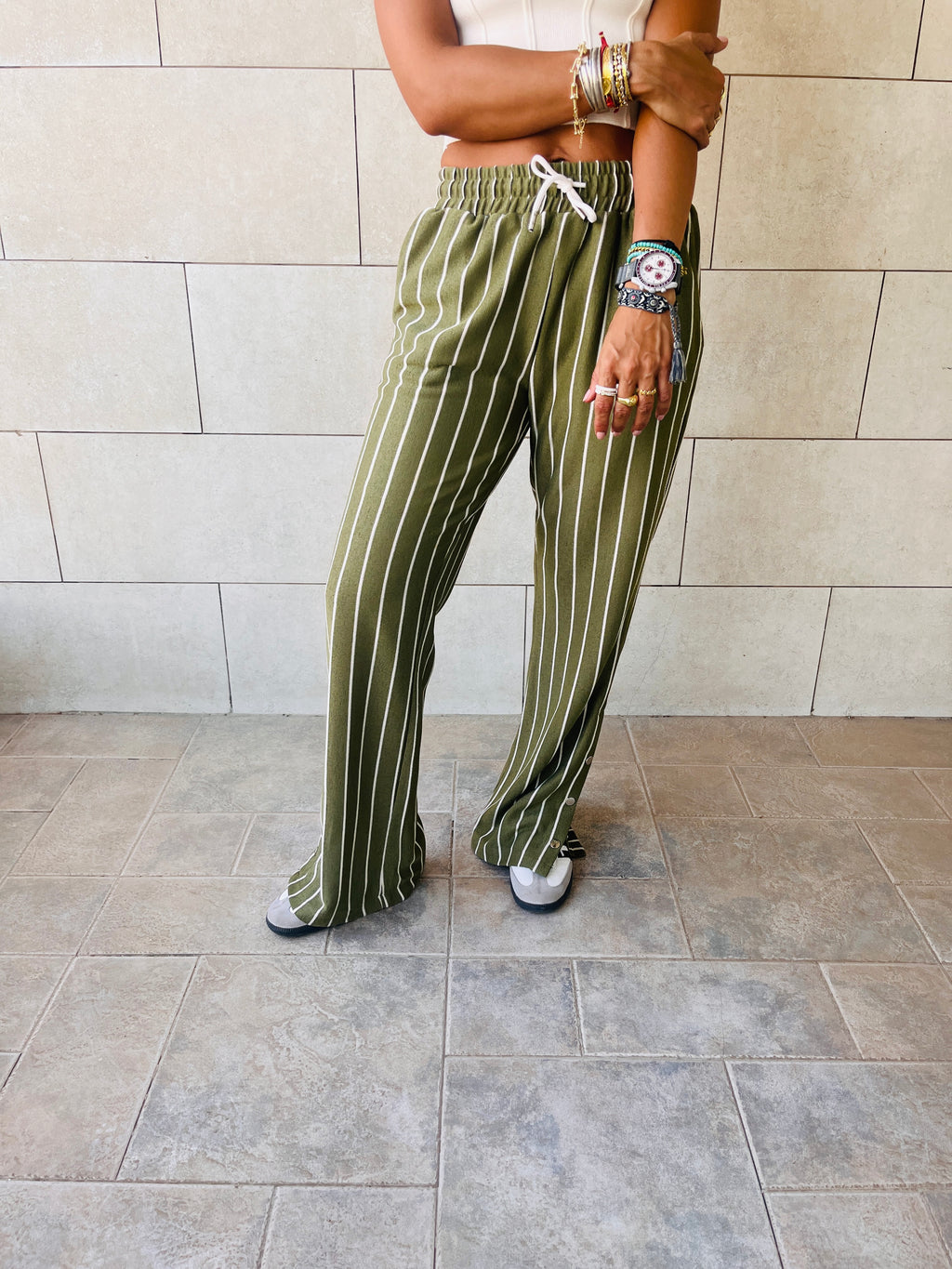 Olive Striped Slit Pants