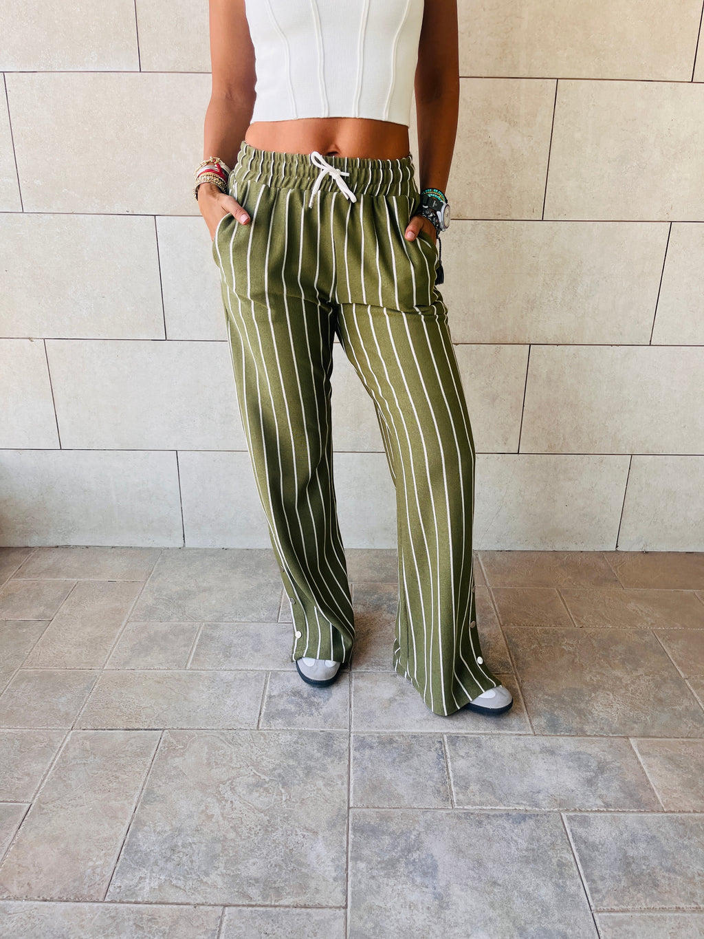 Olive Striped Slit Pants