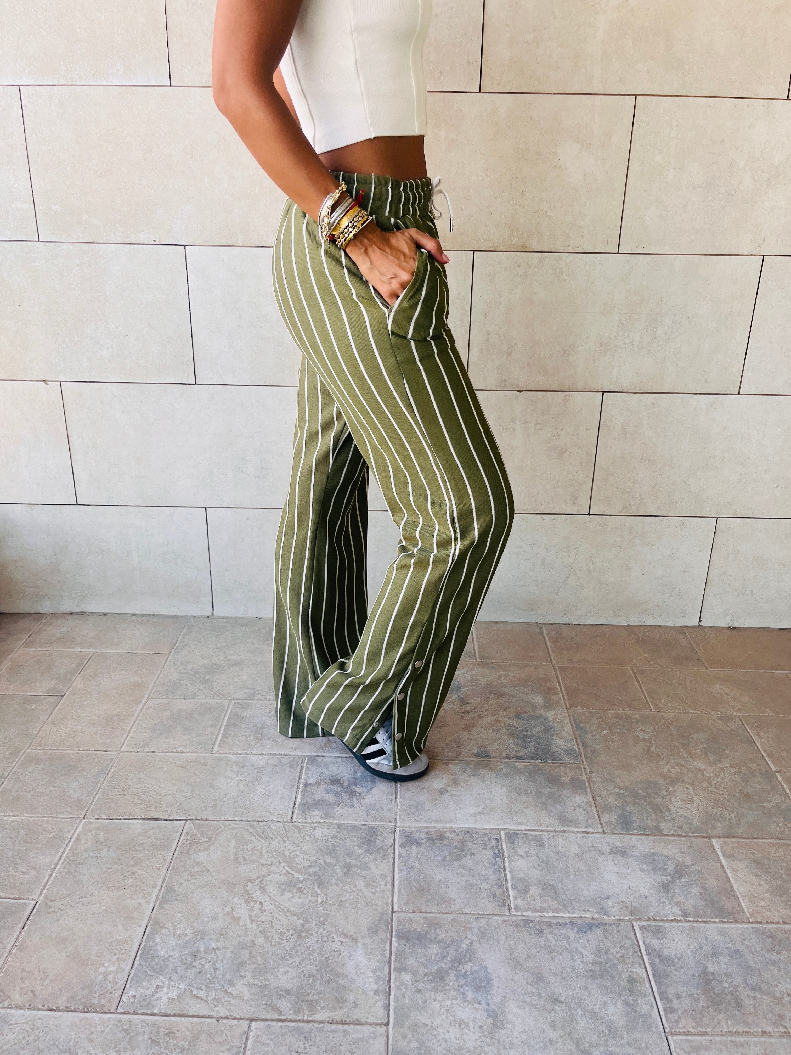 Olive Striped Slit Pants