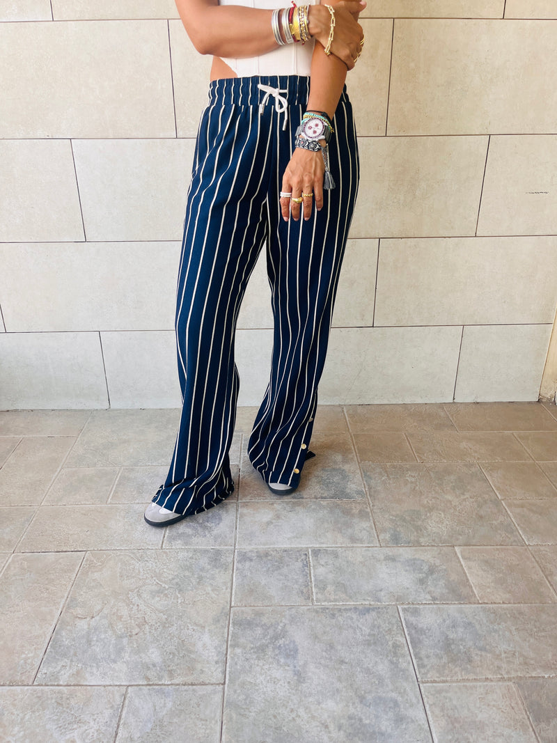 Navy Striped Slit Pants