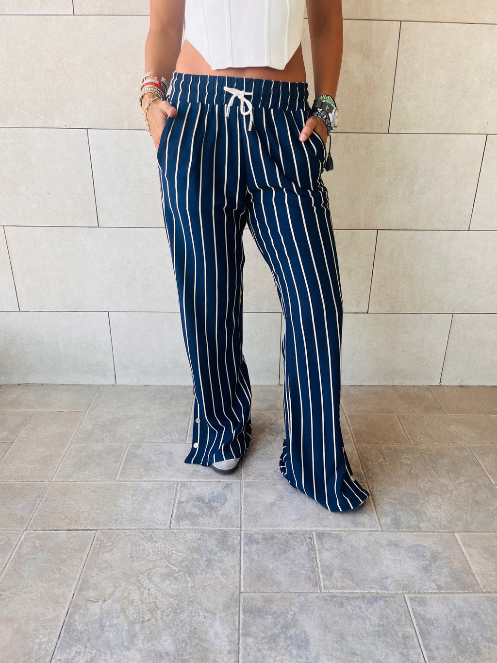 Navy Striped Slit Pants