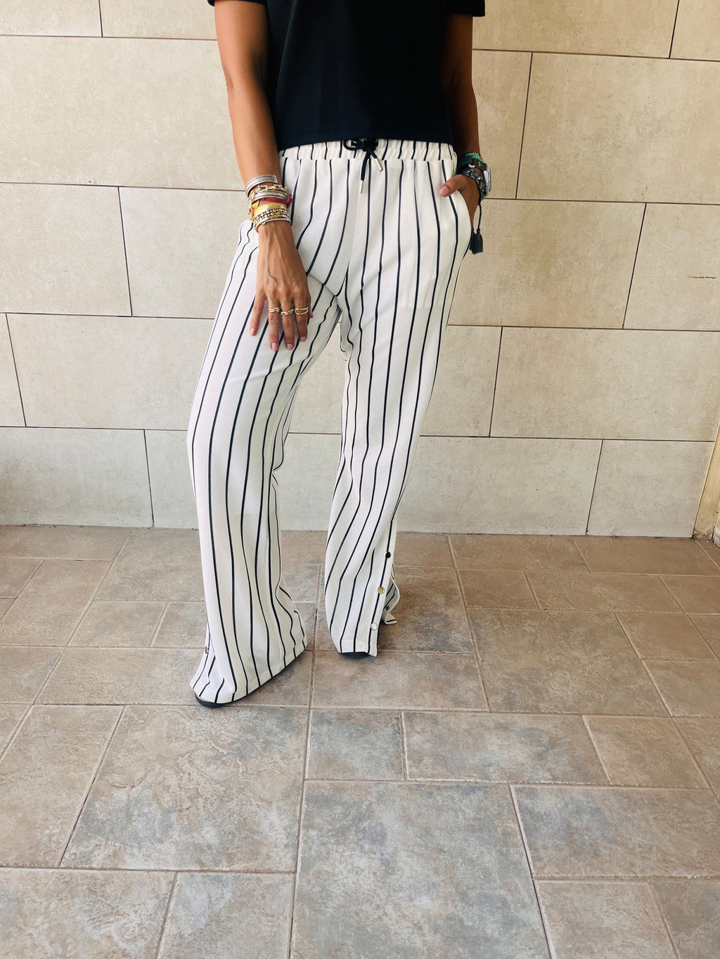 White Striped Slit Pants