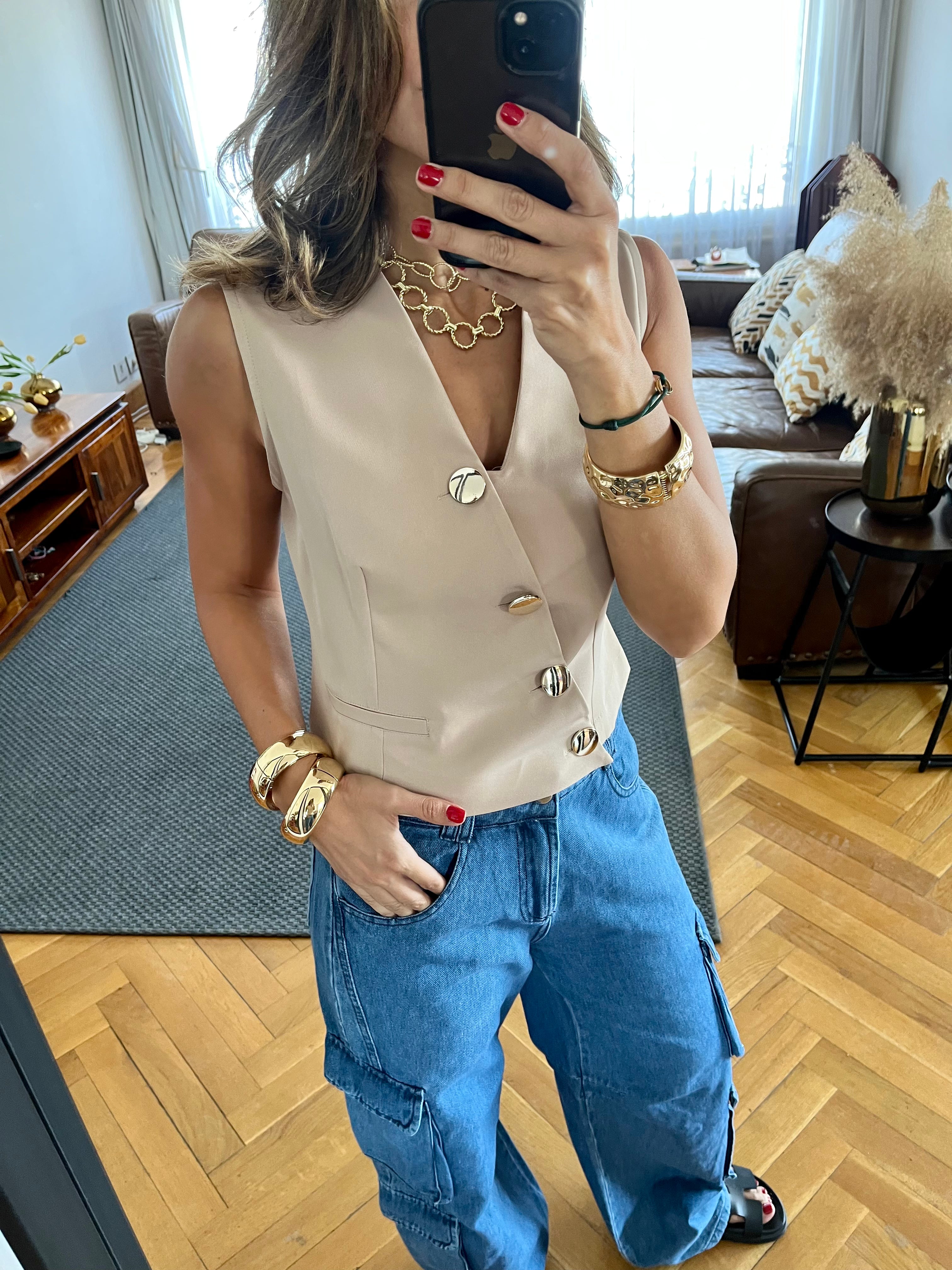 Beige Twist Button Up Vest