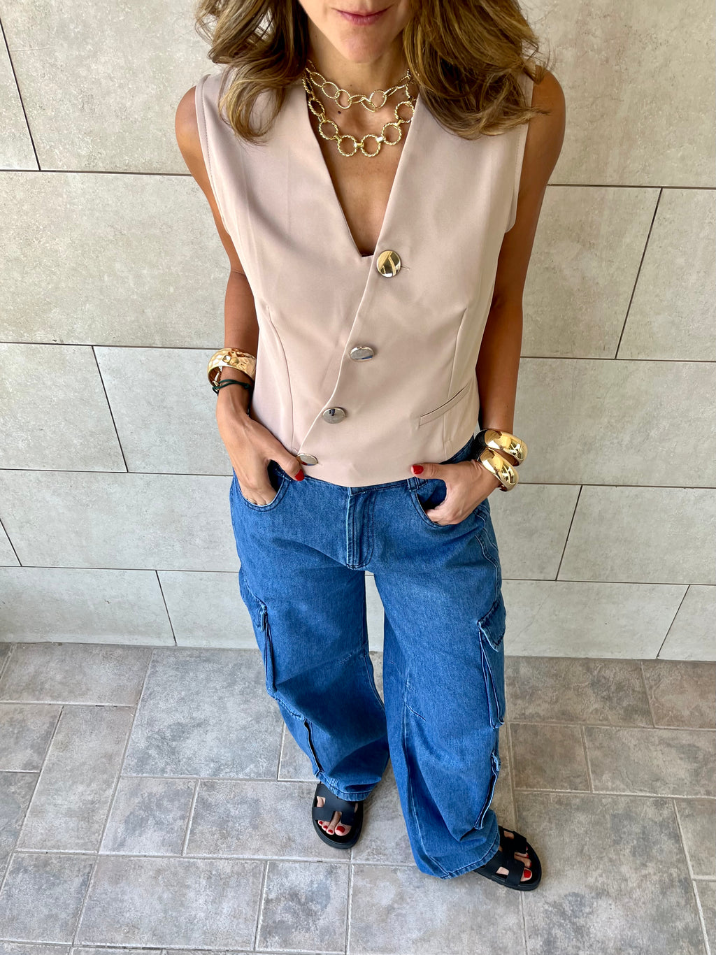 Beige Twist Button Up Vest