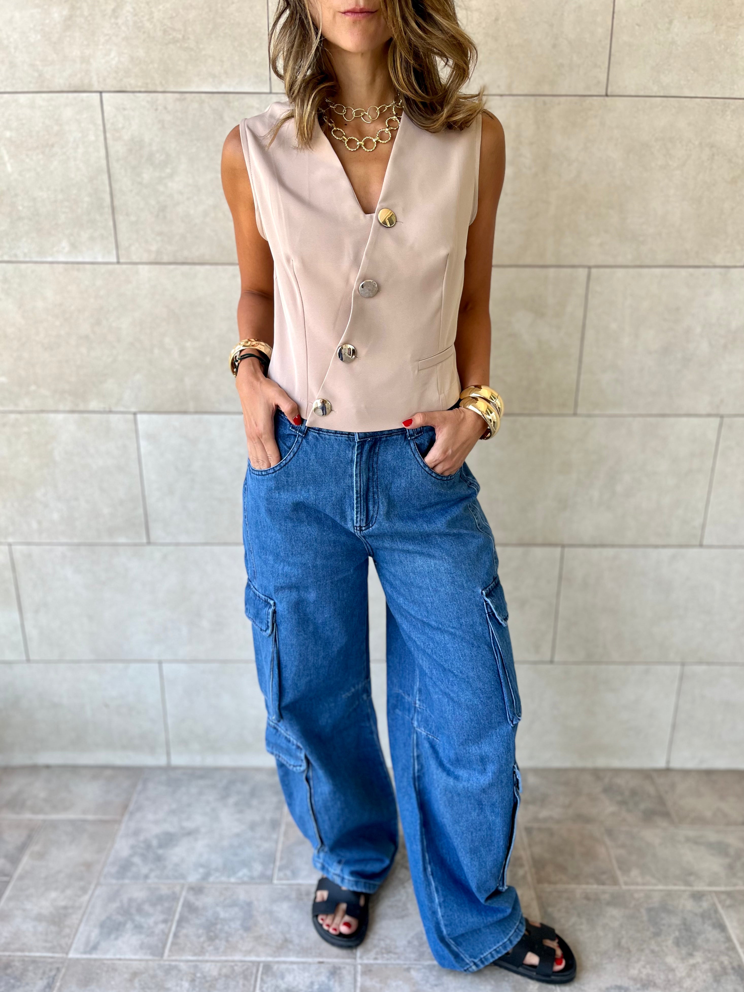 Beige Twist Button Up Vest