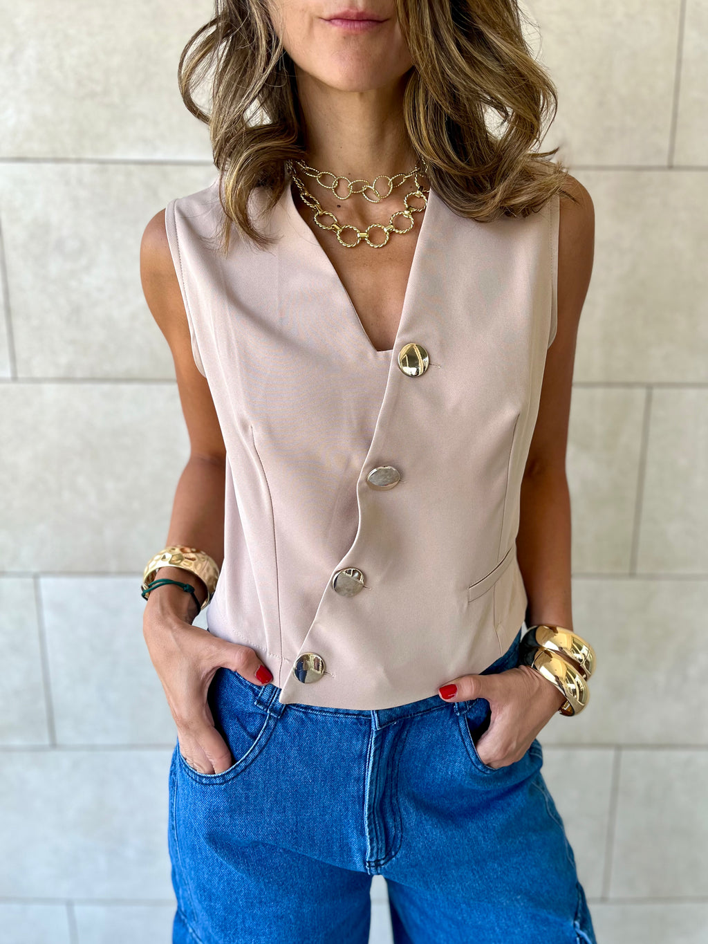 Beige Twist Button Up Vest