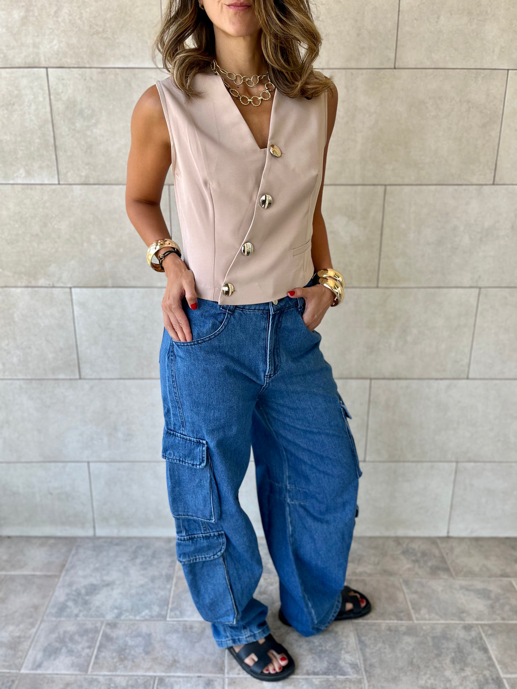 Beige Twist Button Up Vest