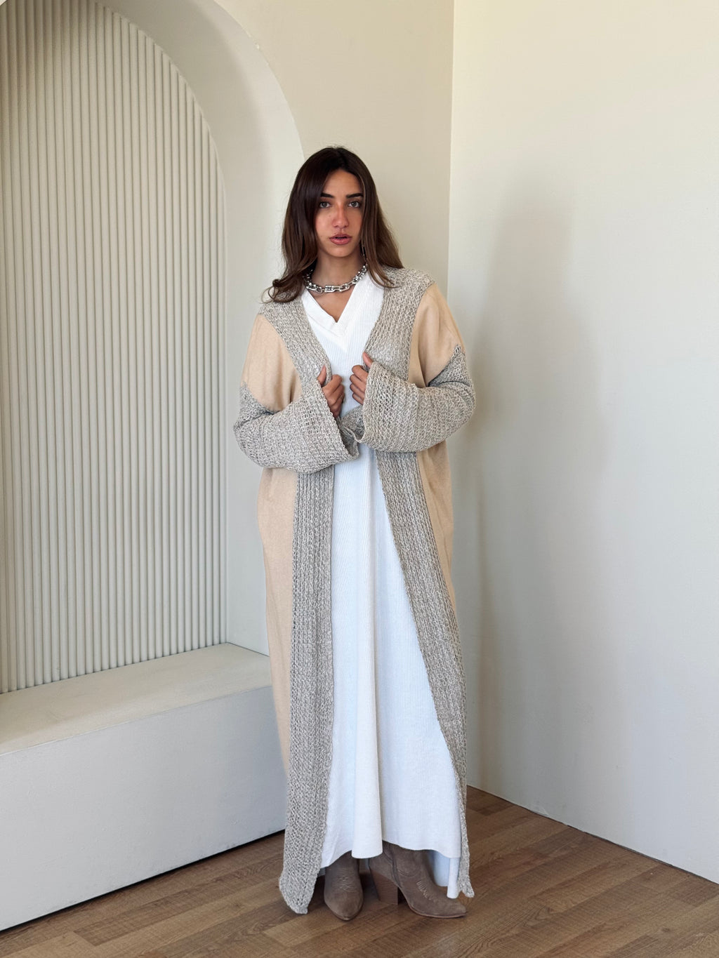 Beige Linen mesh Cardigan