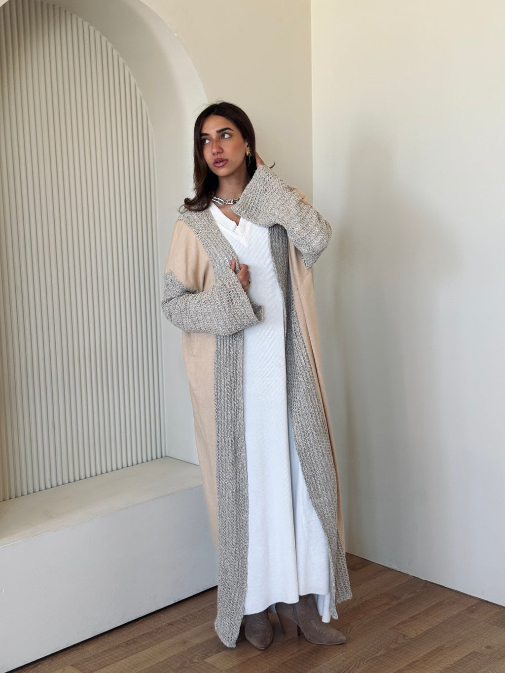 Beige Linen mesh Cardigan