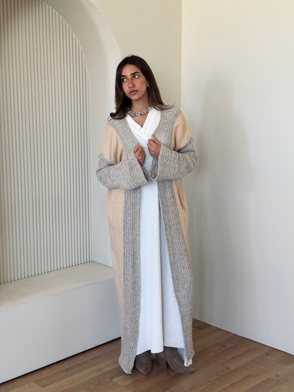 Beige Linen mesh Cardigan