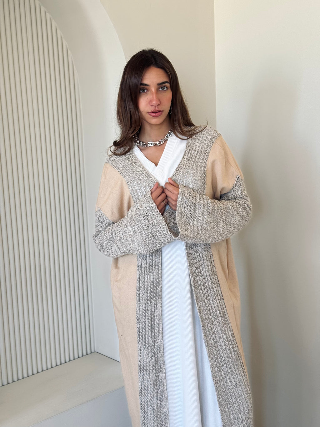 Beige Linen mesh Cardigan