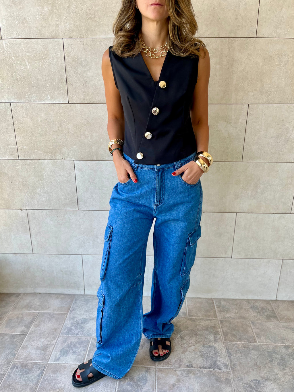 Black Twist Button Up Vest