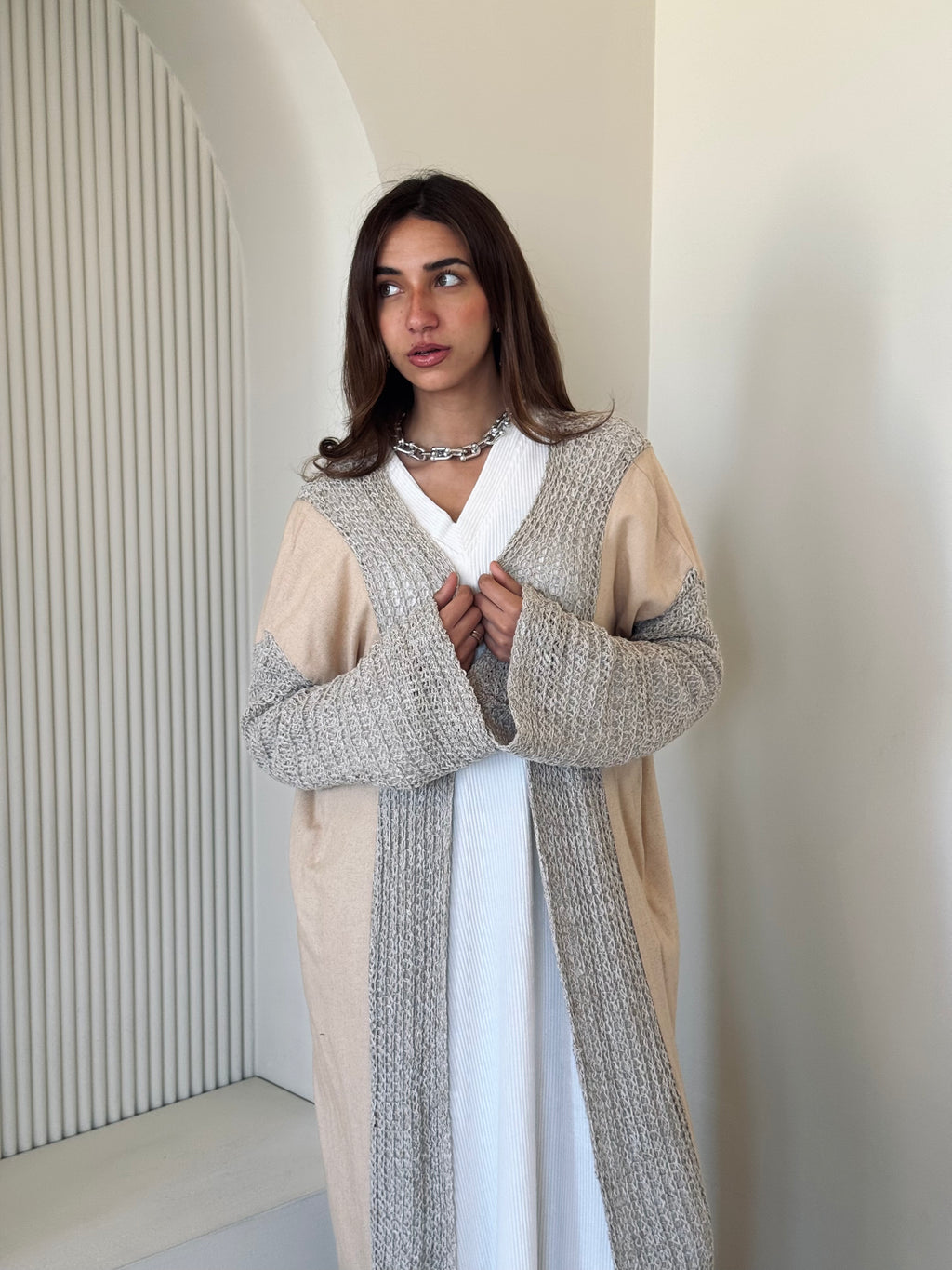 Beige Linen mesh Cardigan