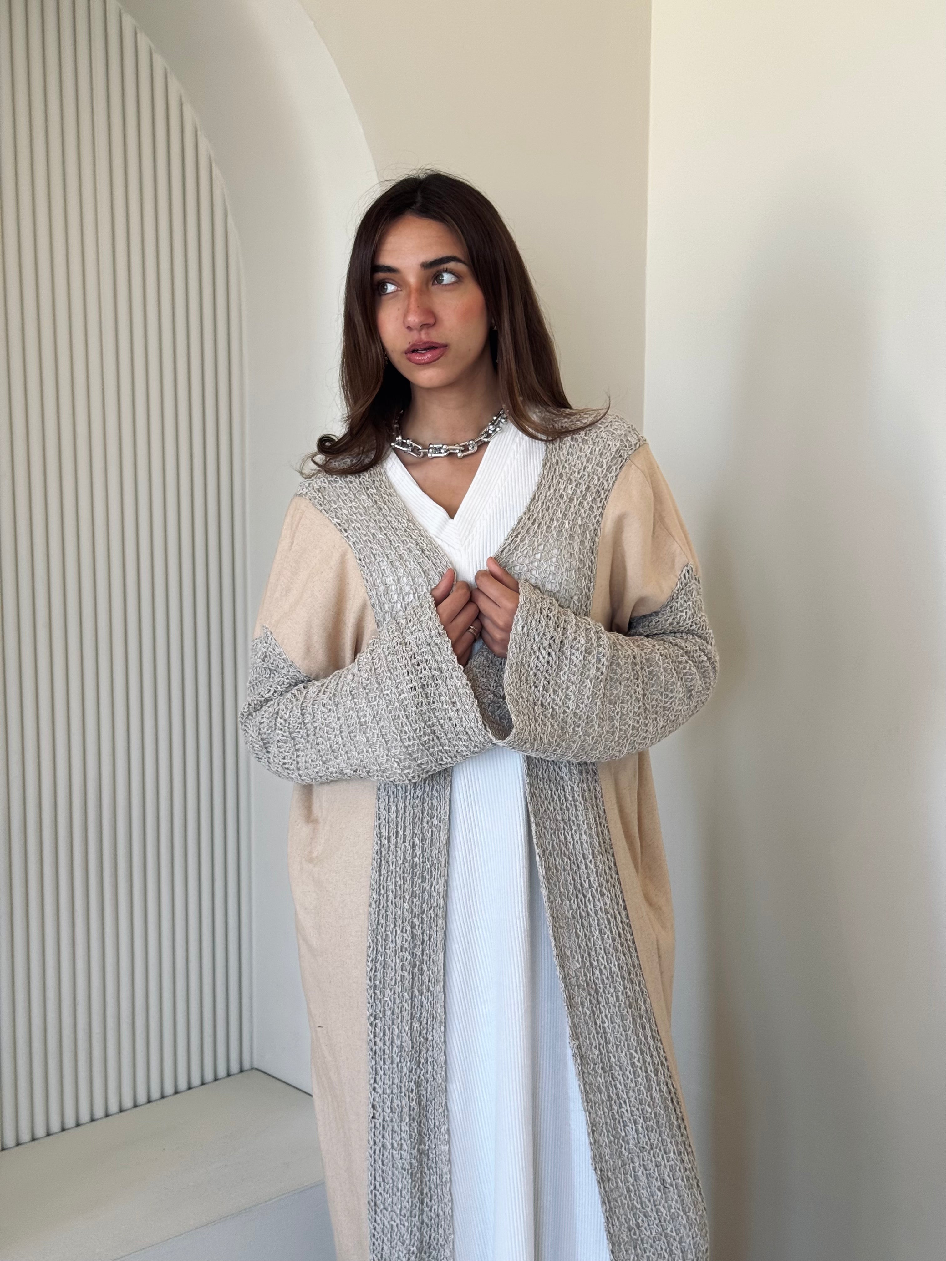 Beige Linen mesh Cardigan