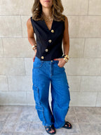 Black Twist Button Up Vest
