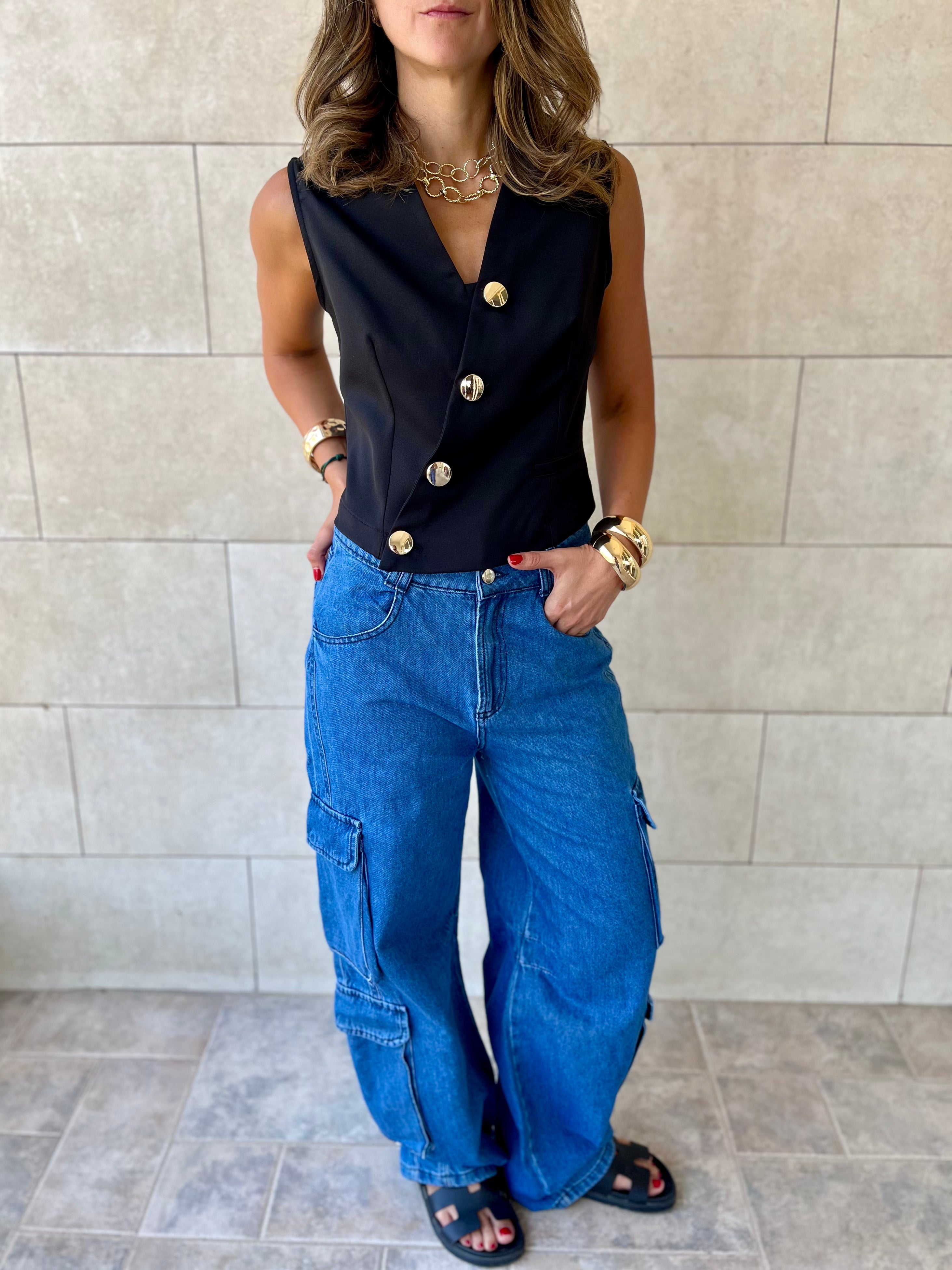 Black Twist Button Up Vest