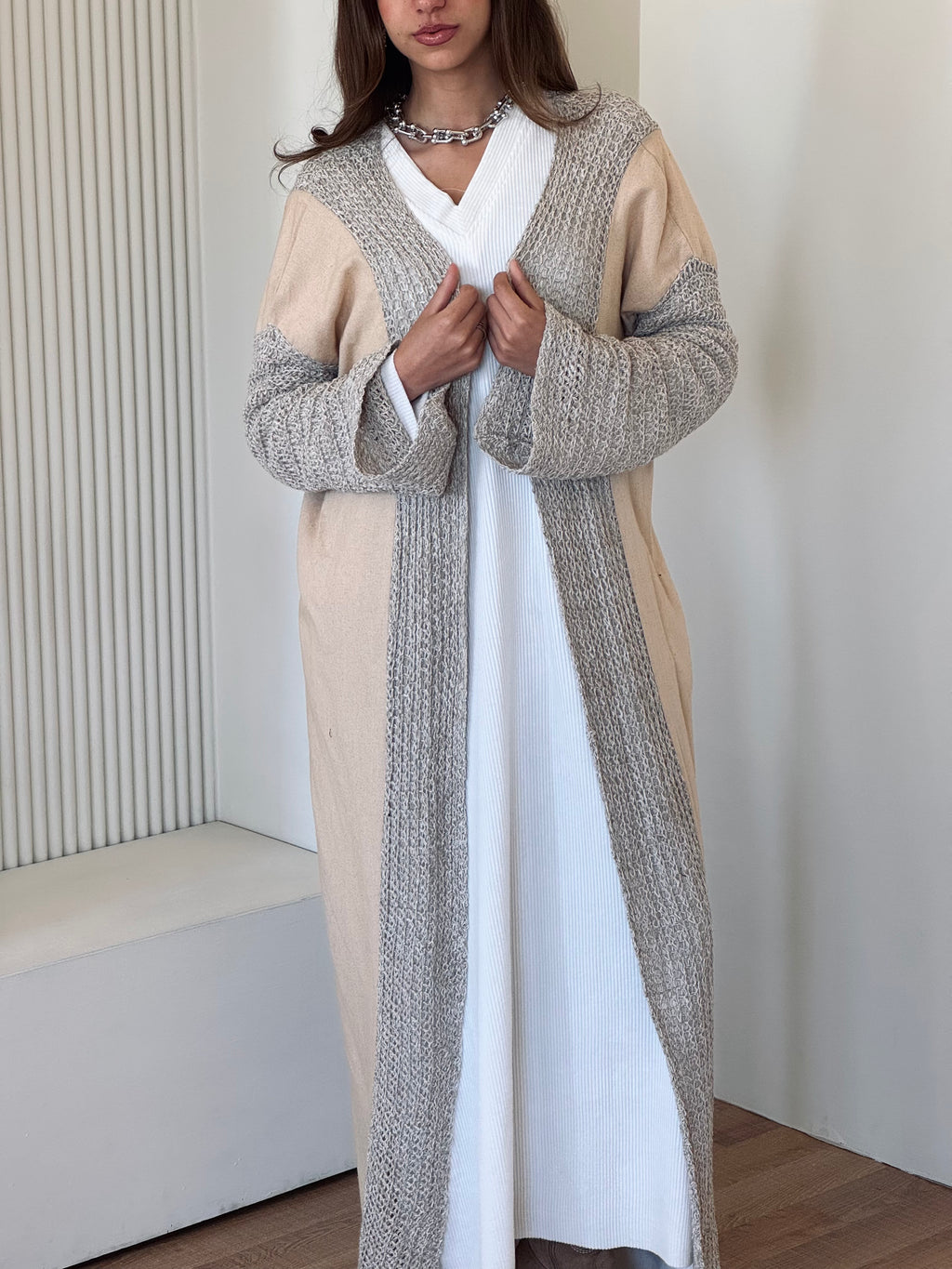 Beige Linen mesh Cardigan