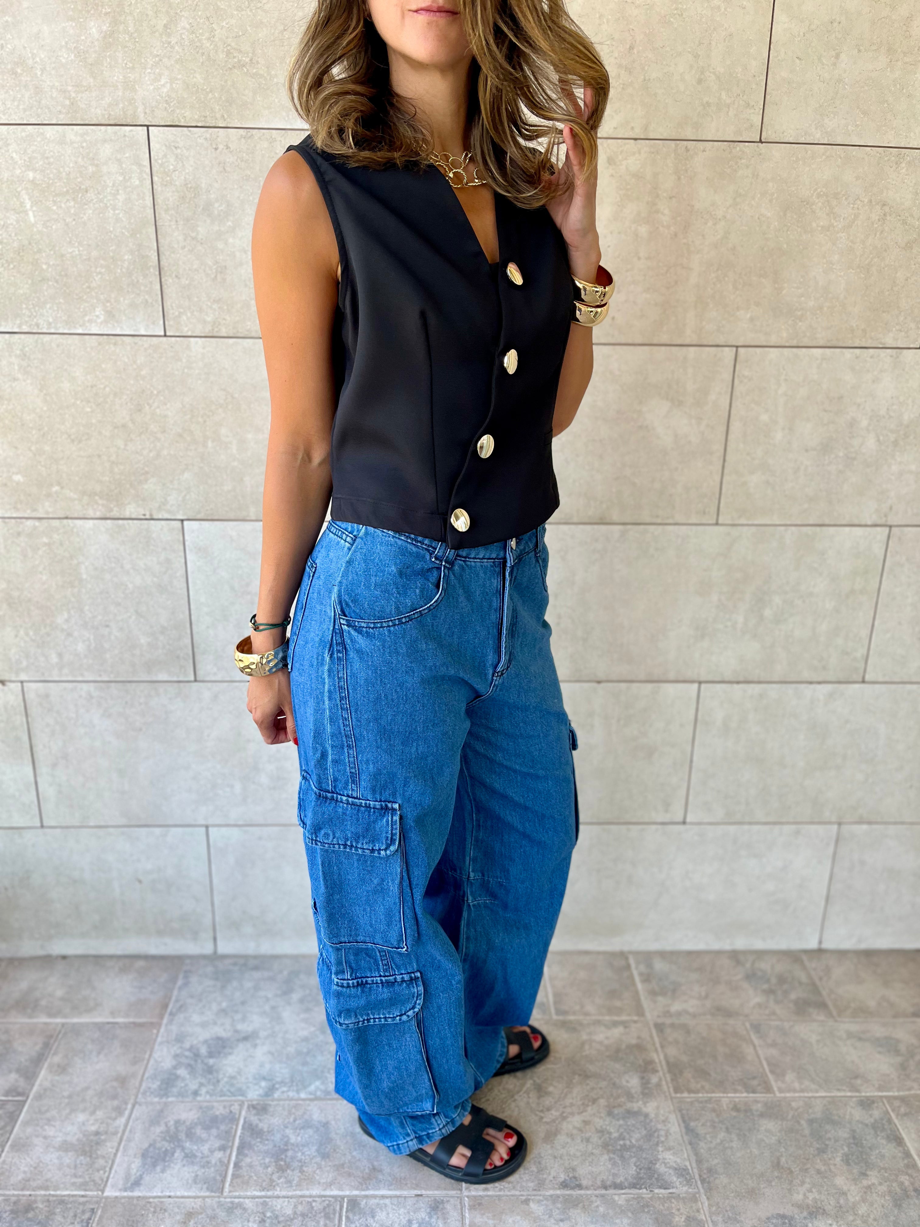 Black Twist Button Up Vest