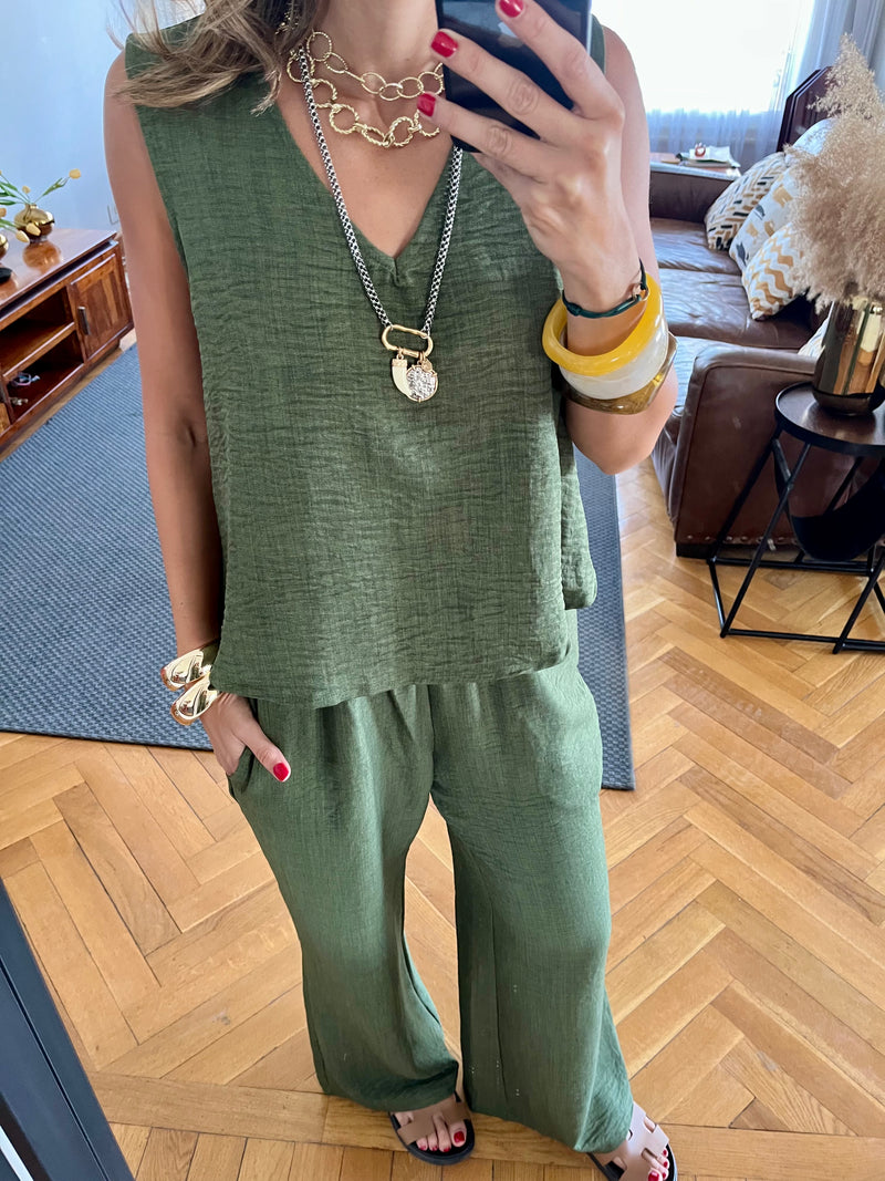 Olive 2 Pieces Sleeveless Set