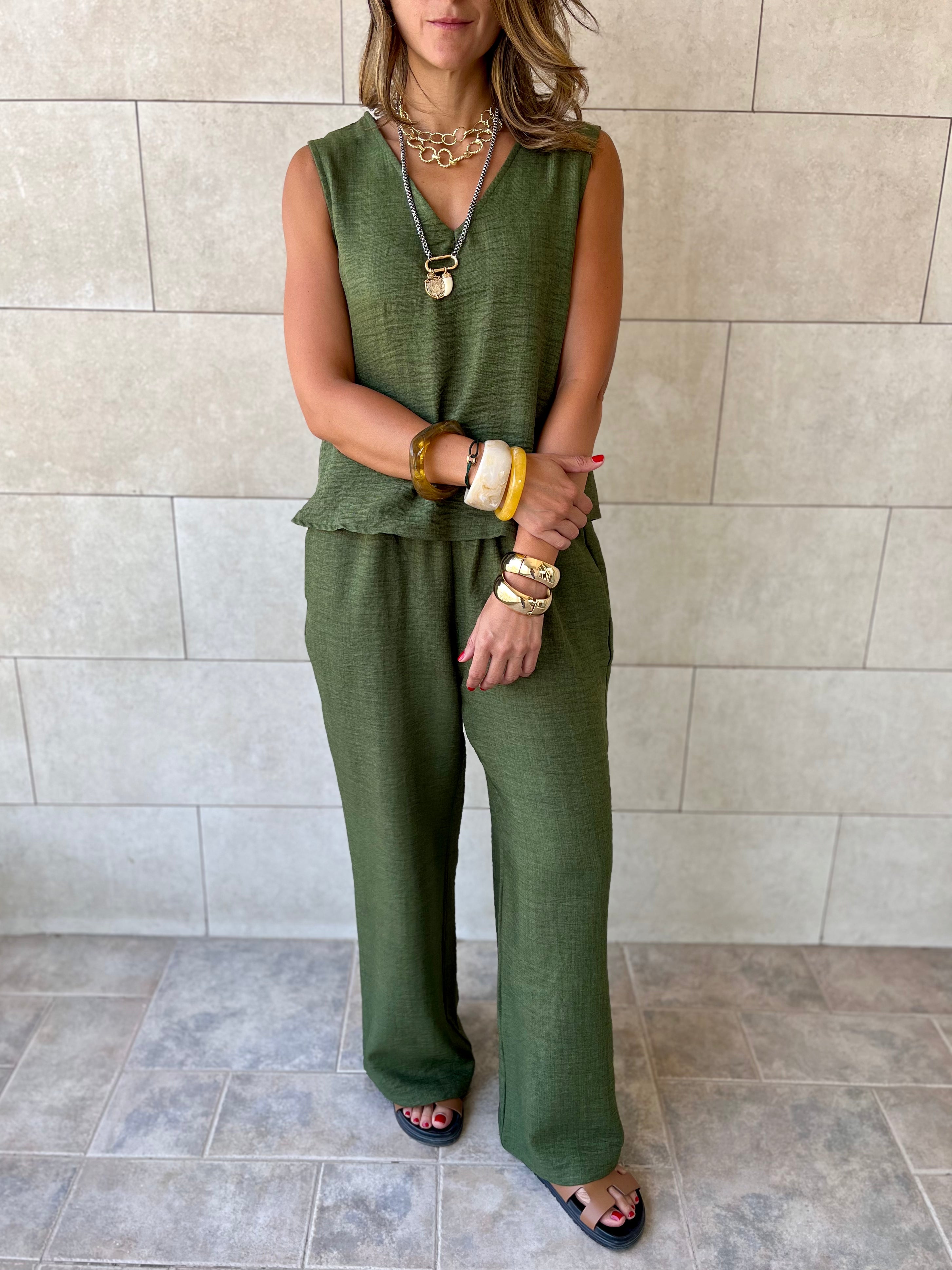 Olive 2 Pieces Sleeveless Set
